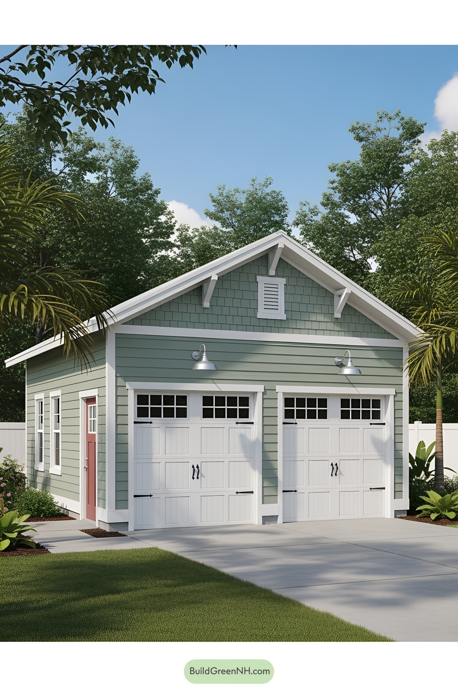 Charming green car shed with white accents and double doors