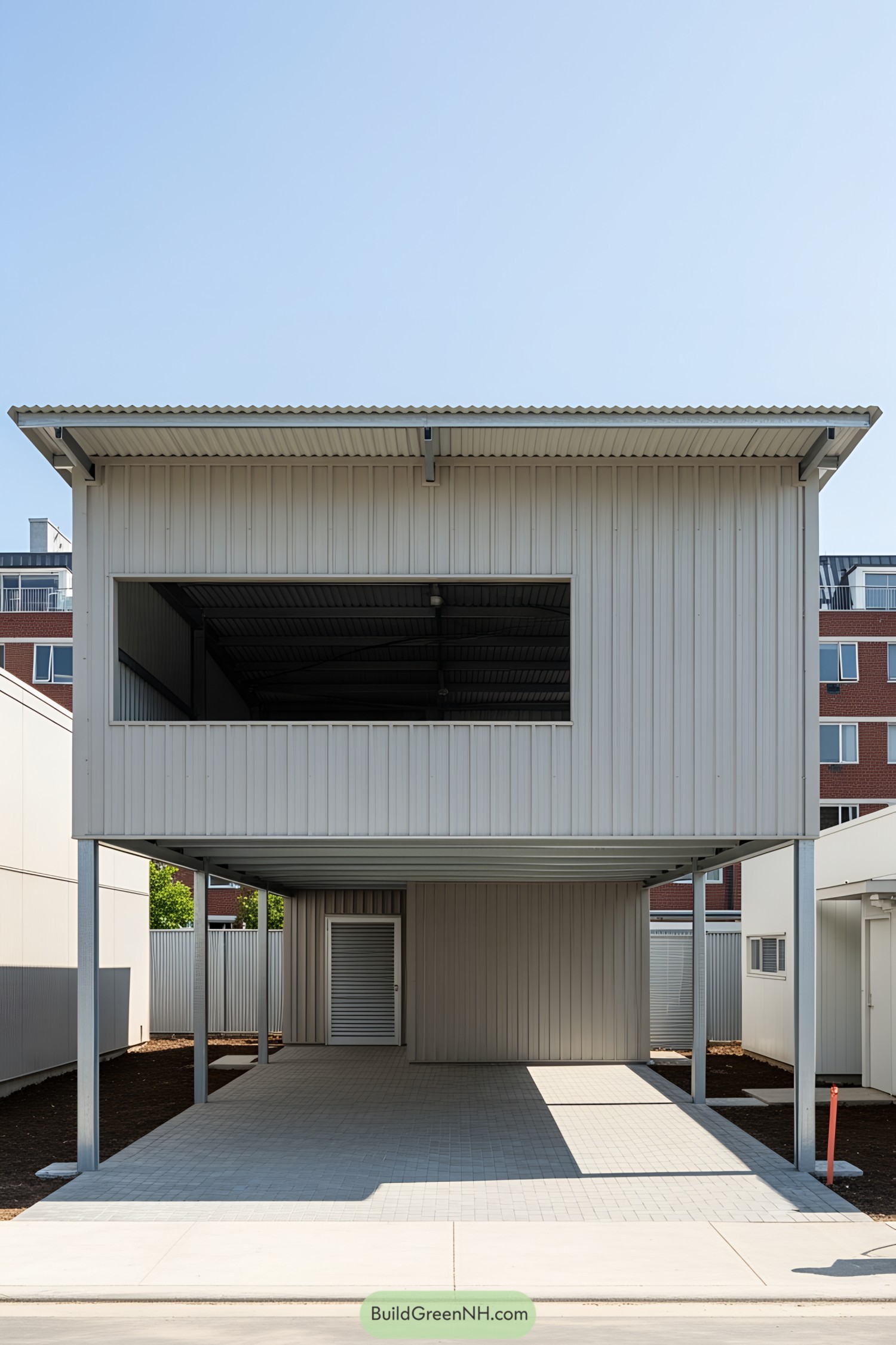 Modern car shed with elevated section and parking space beneath