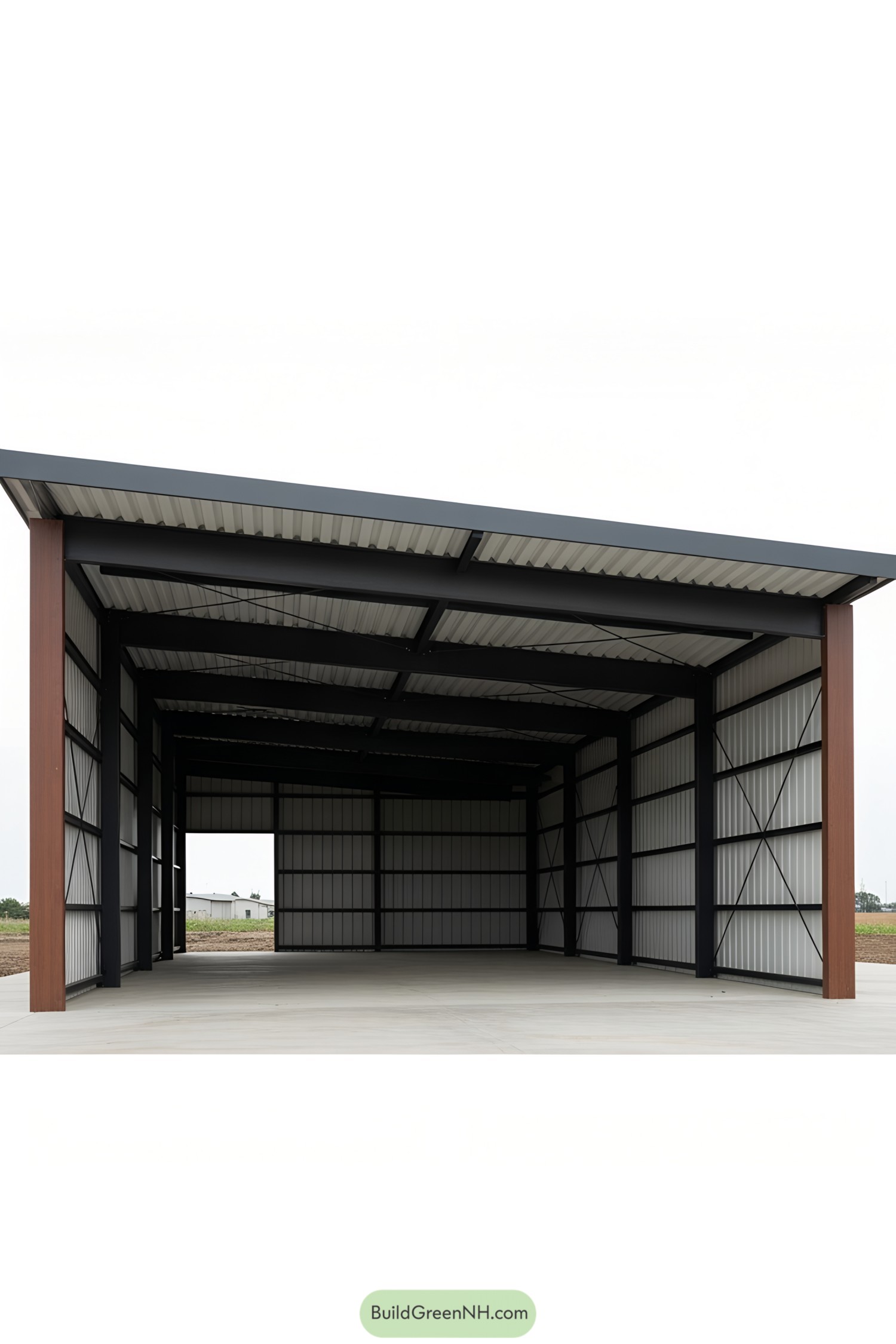 Spacious metal car shed with open entrance