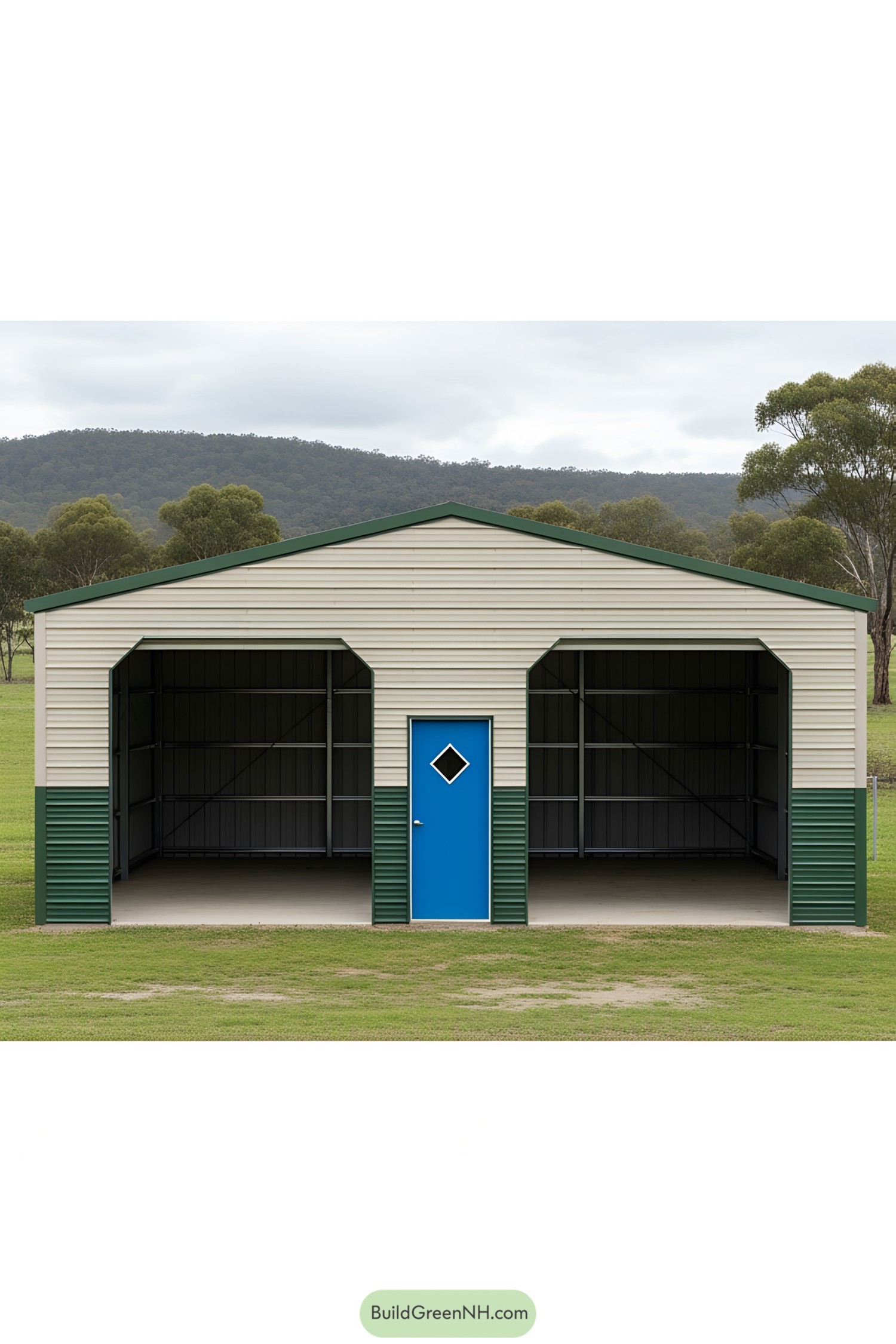 Car shed with blue door and two large open bays