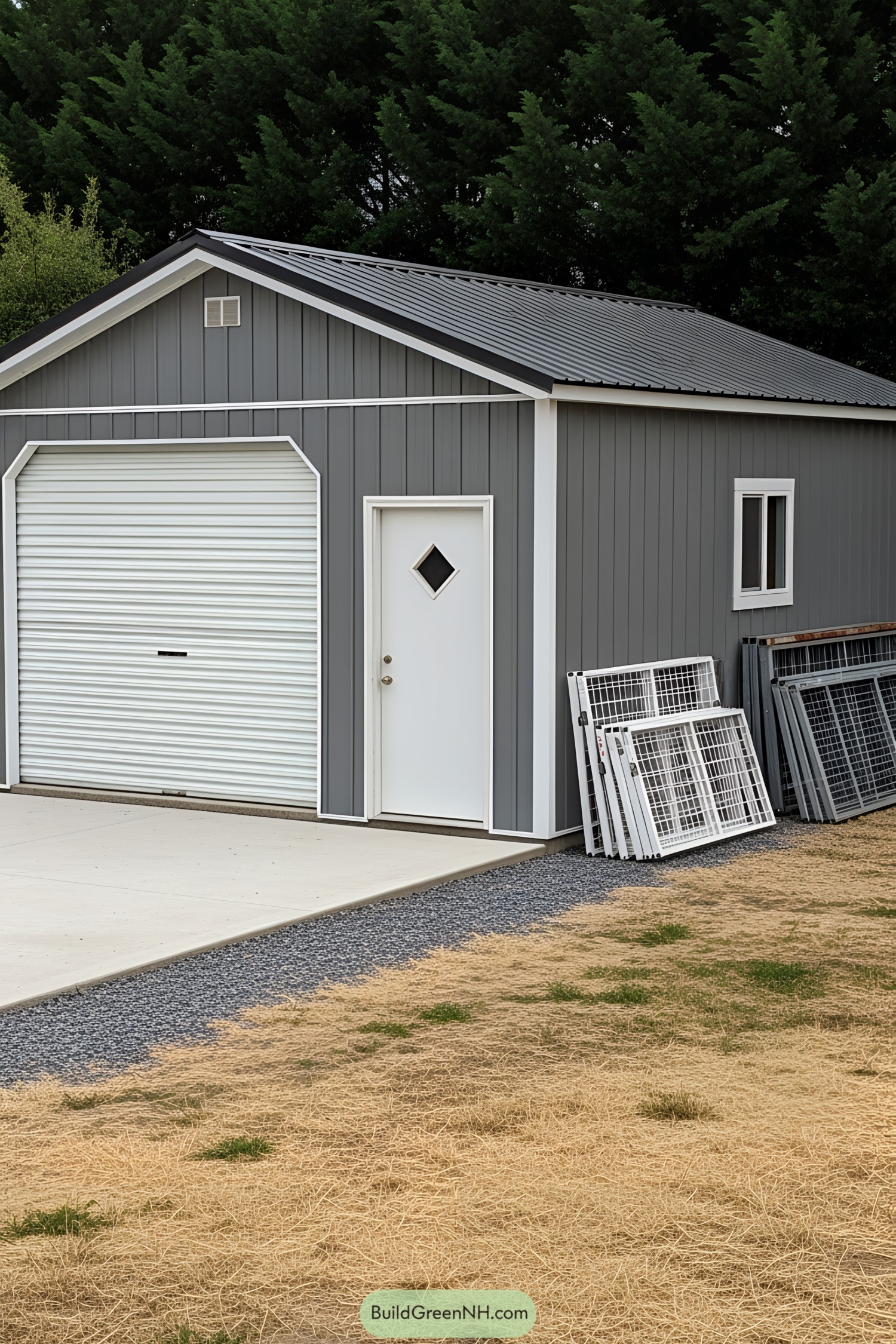 A sleek car shed with gray siding and a diamond window