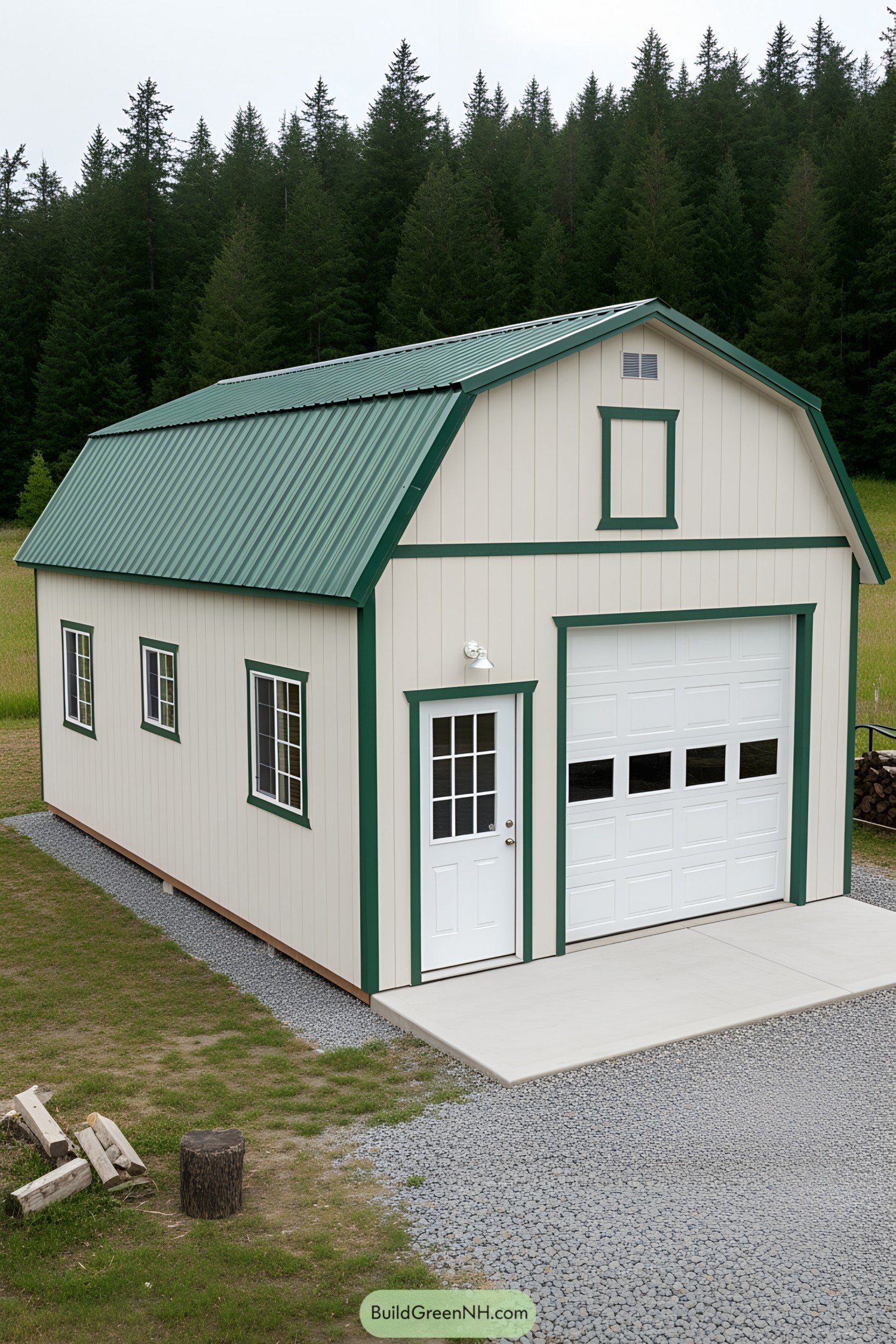 Small barn-like shed with green accents in front of a forest