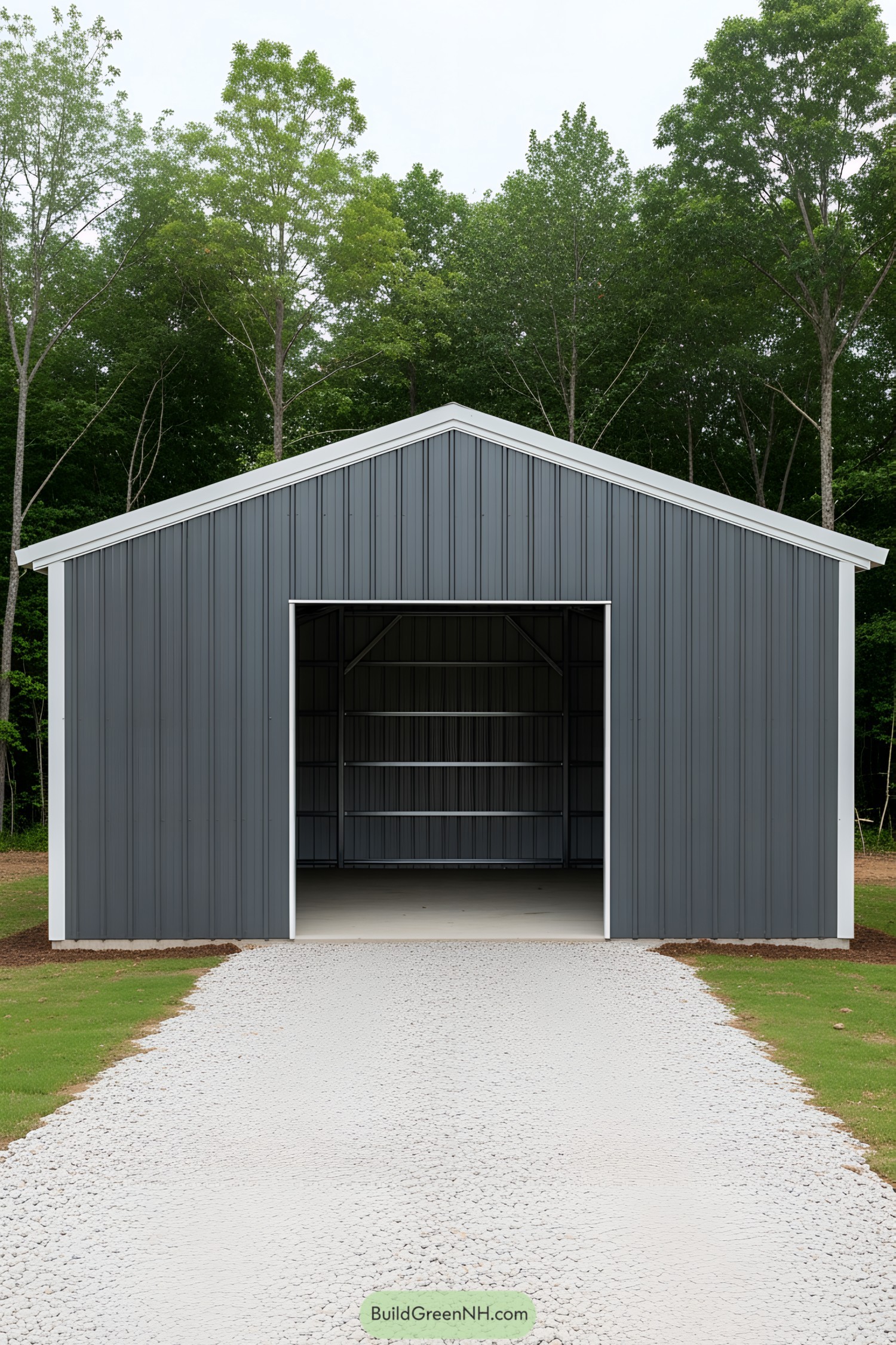 Blue metal shed with open entrance and brushed gravel path