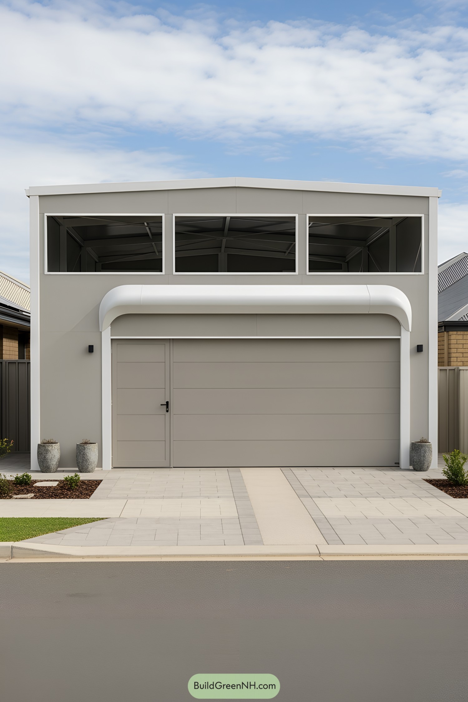 Modern car shed with large windows