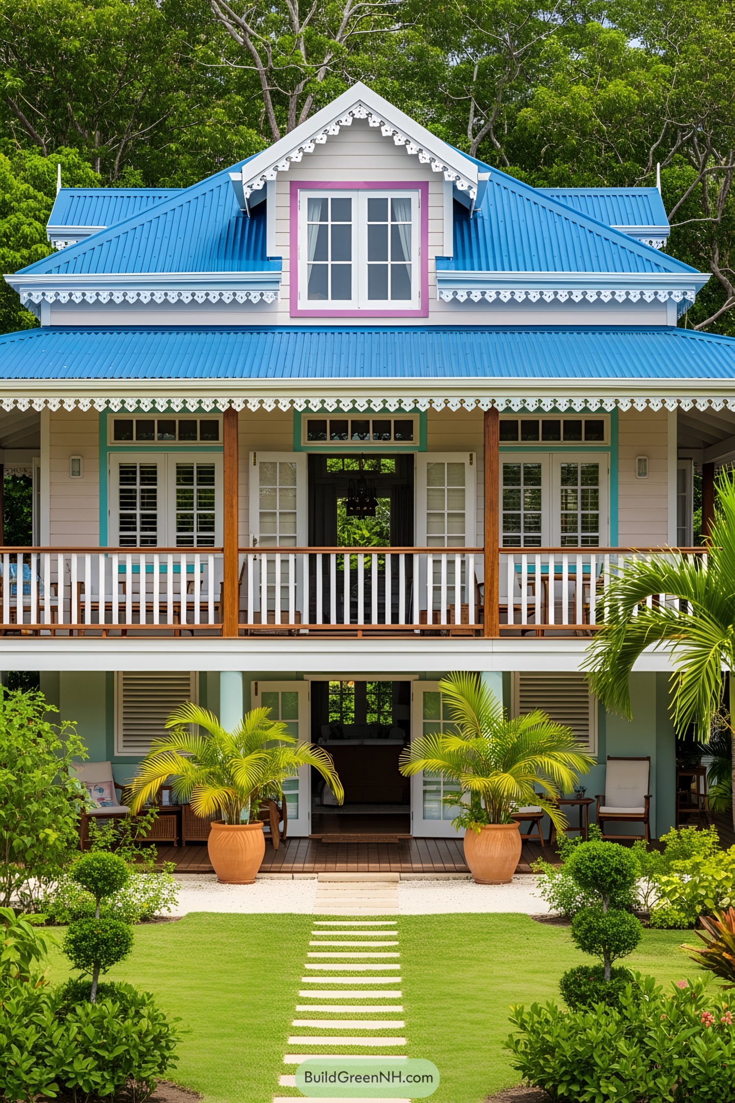 Charming Caribbean house with blue roof and tropical plants