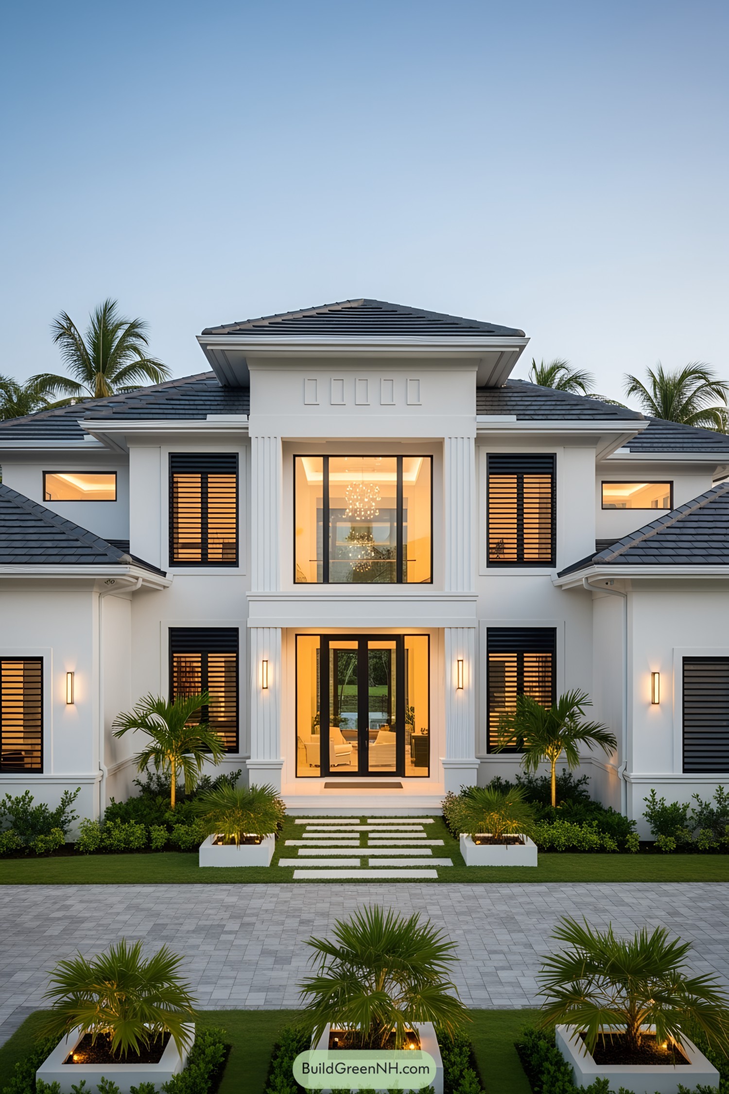 Modern Caribbean house with palm-lined entrance and large windows