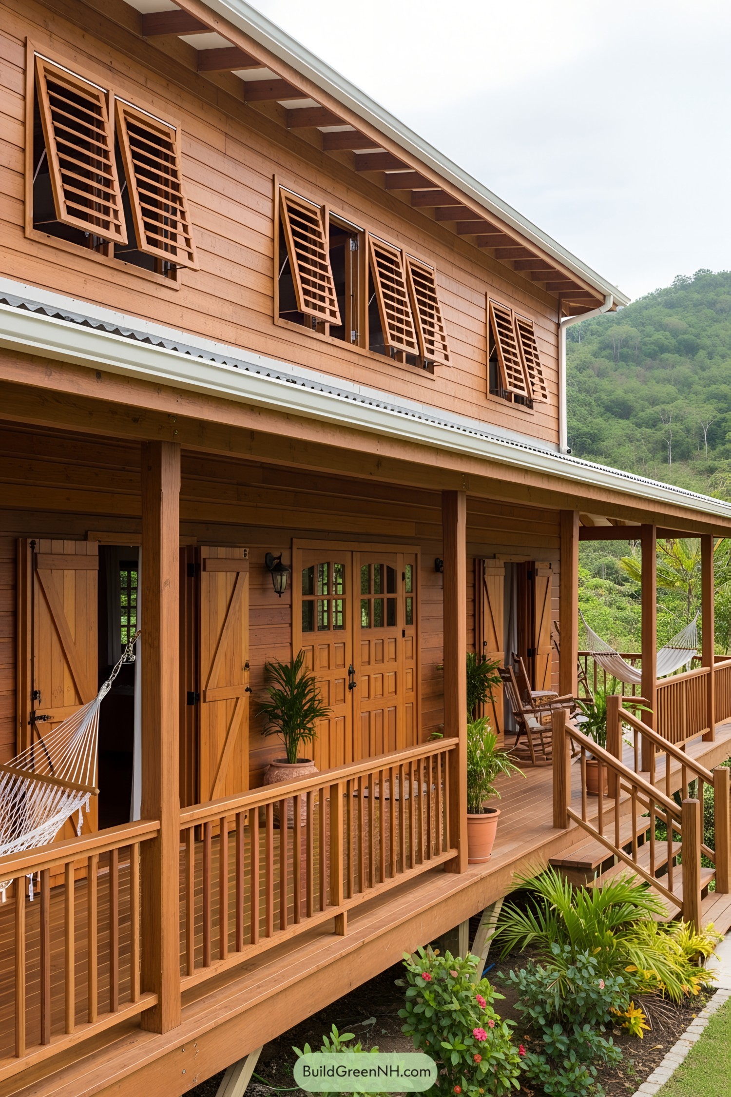 Wooden Caribbean house with open shutters, porch, and hammock