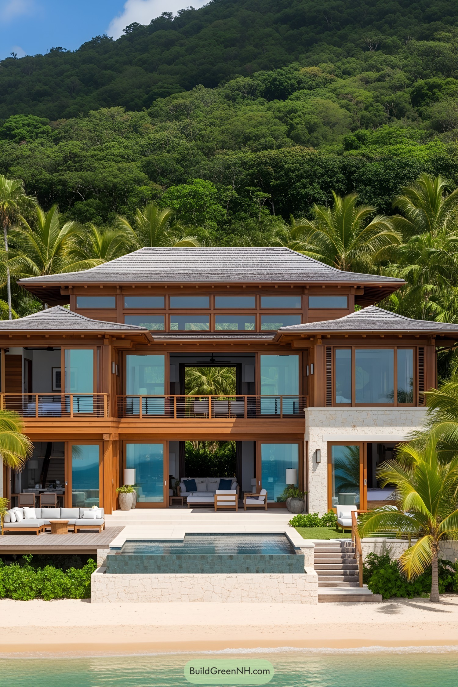 Modern Caribbean house with pool and lush surroundings