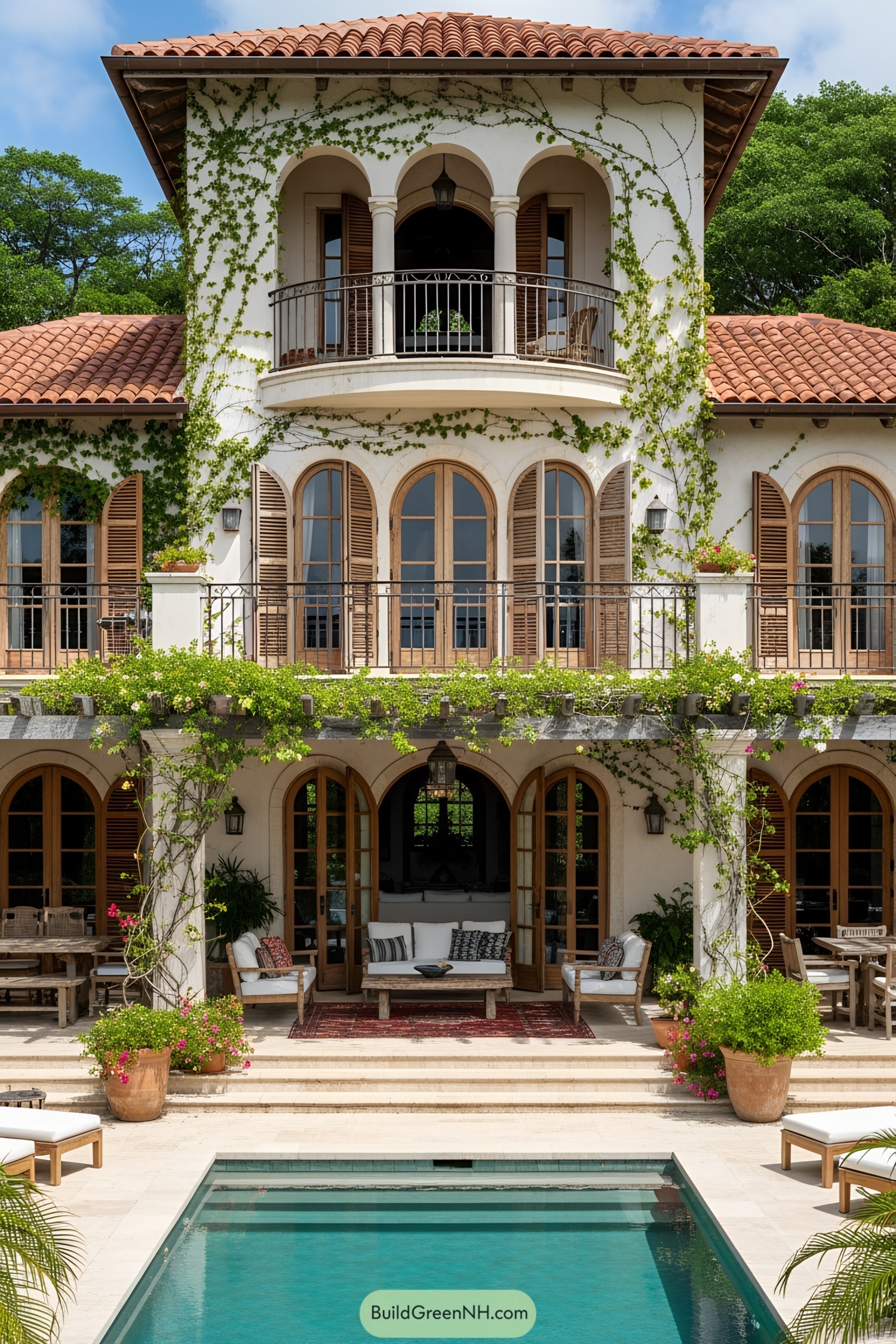 Lush villa with arches and pool
