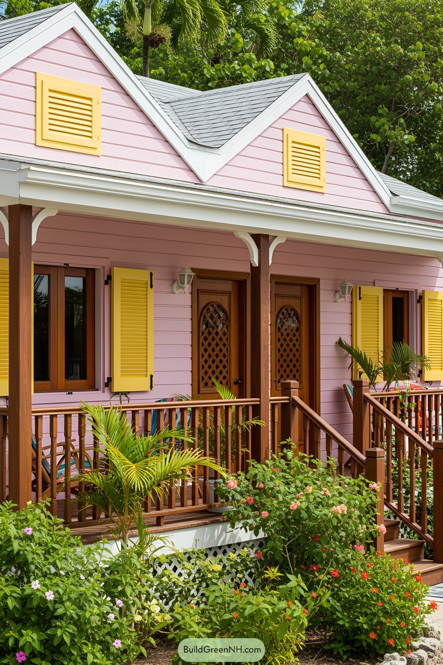 Pink Caribbean house with yellow shutters, surrounded by lush greenery