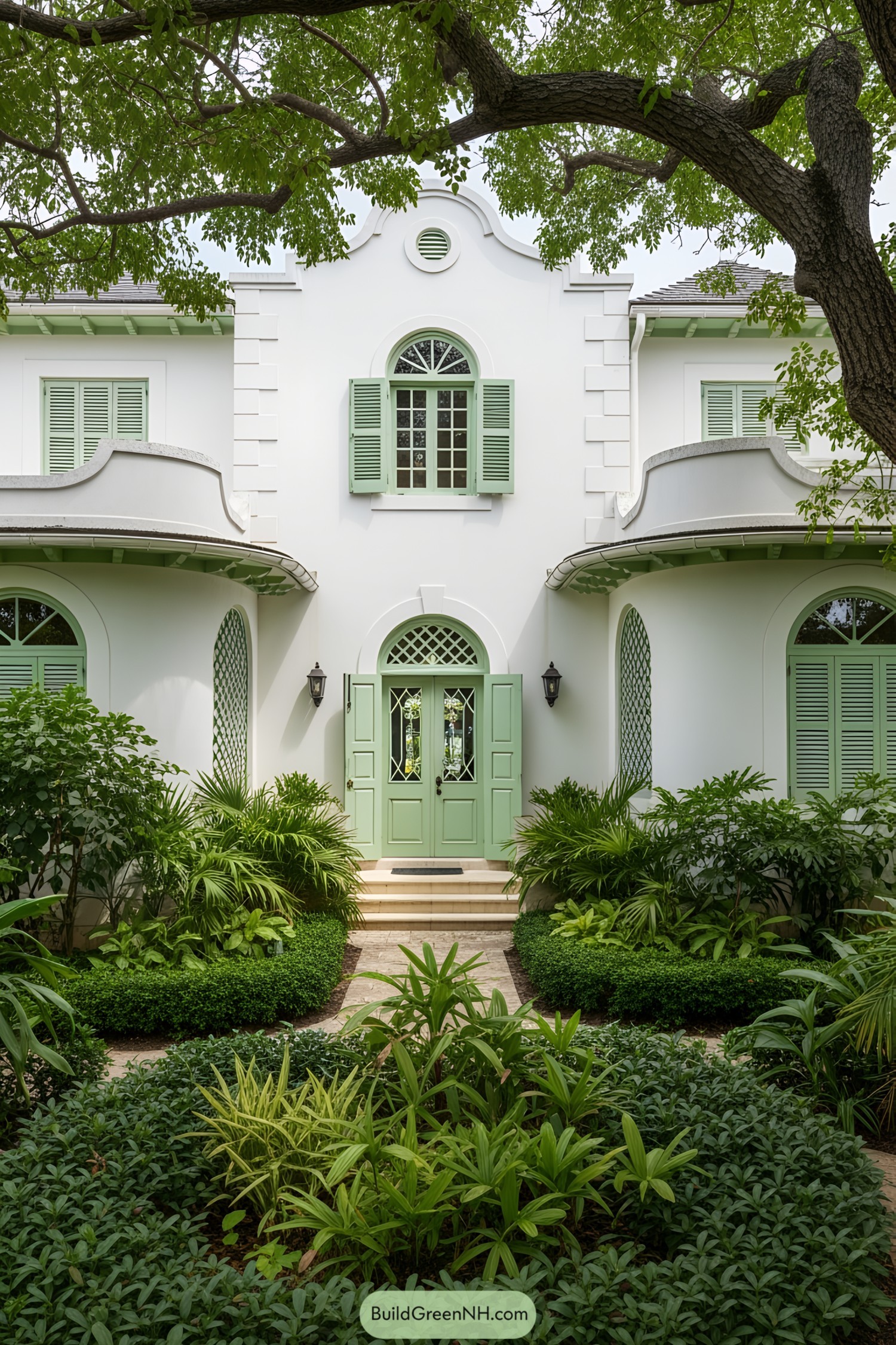 White house with mint green shutters and lush garden