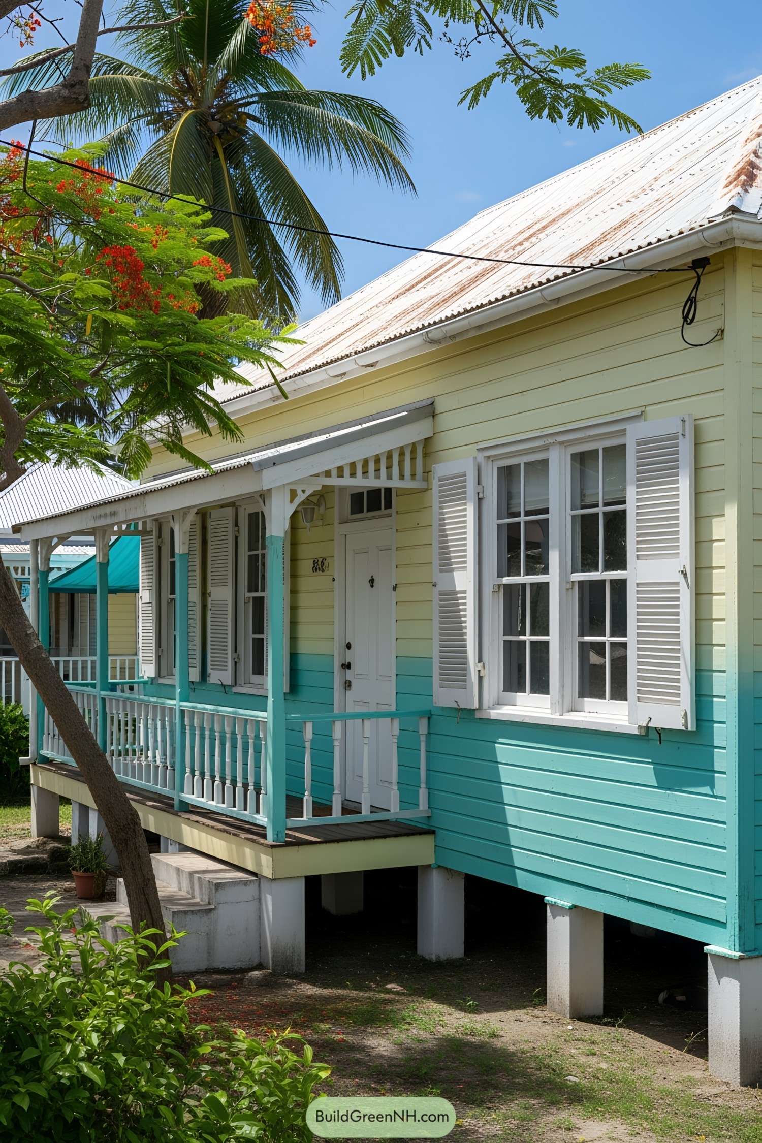 Charming pastel Caribbean house with a white porch