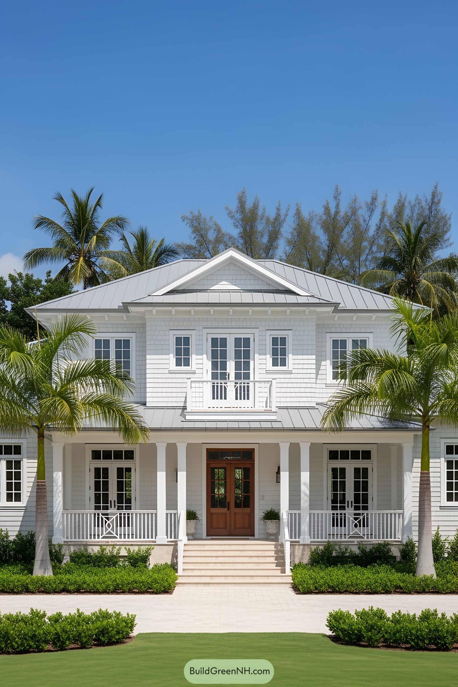 White coastal house with palm trees and a sunny facade