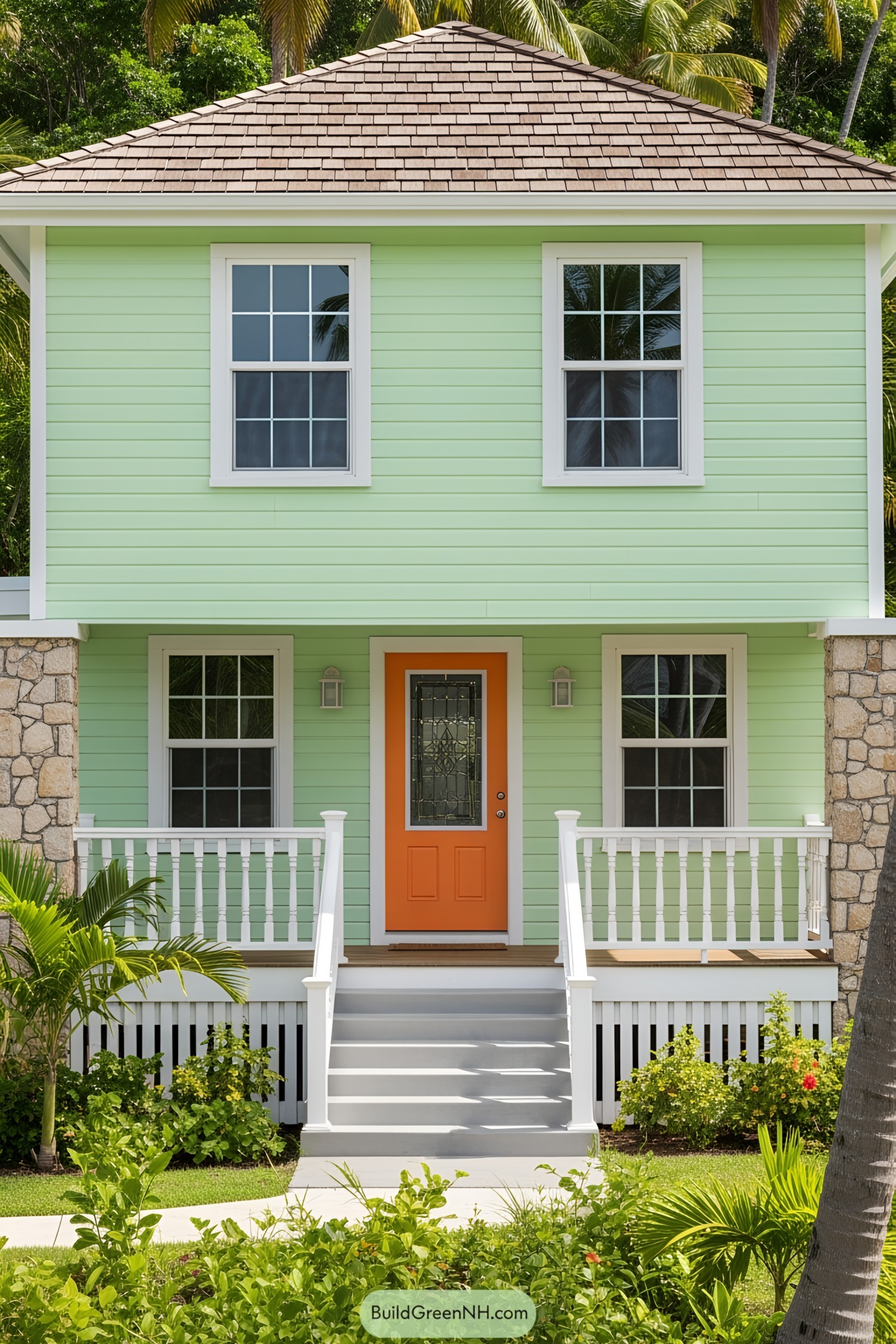 Bright green cottage with orange door and tropical landscaping