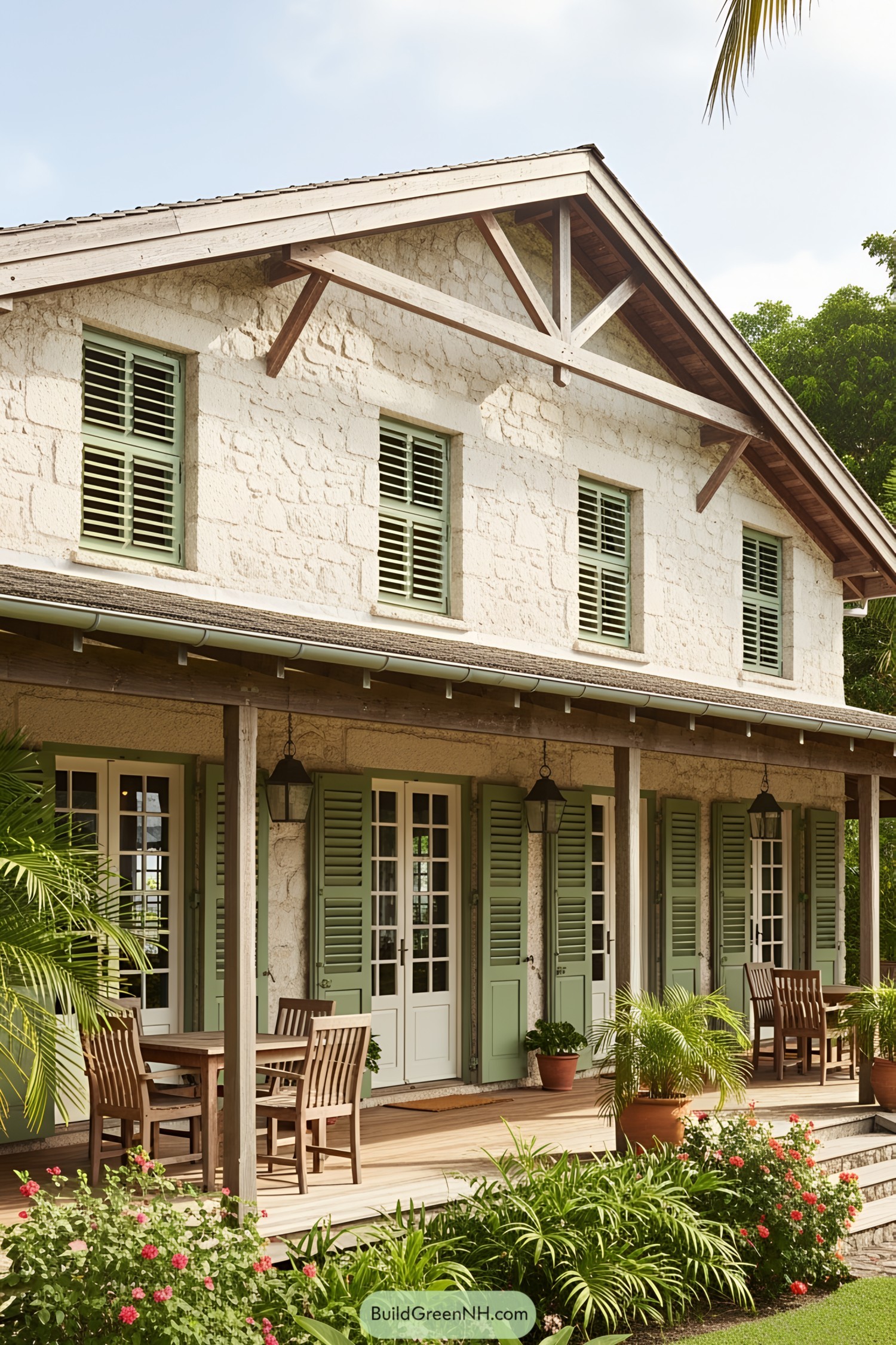 Caribbean house with green shutters and vibrant garden