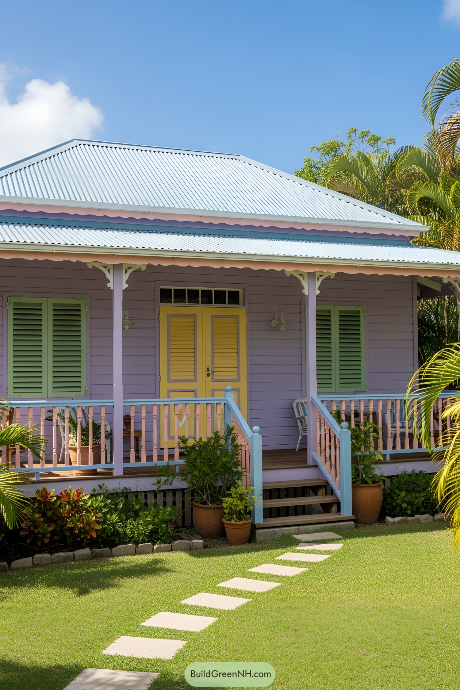 Colorful Caribbean house with a lush garden