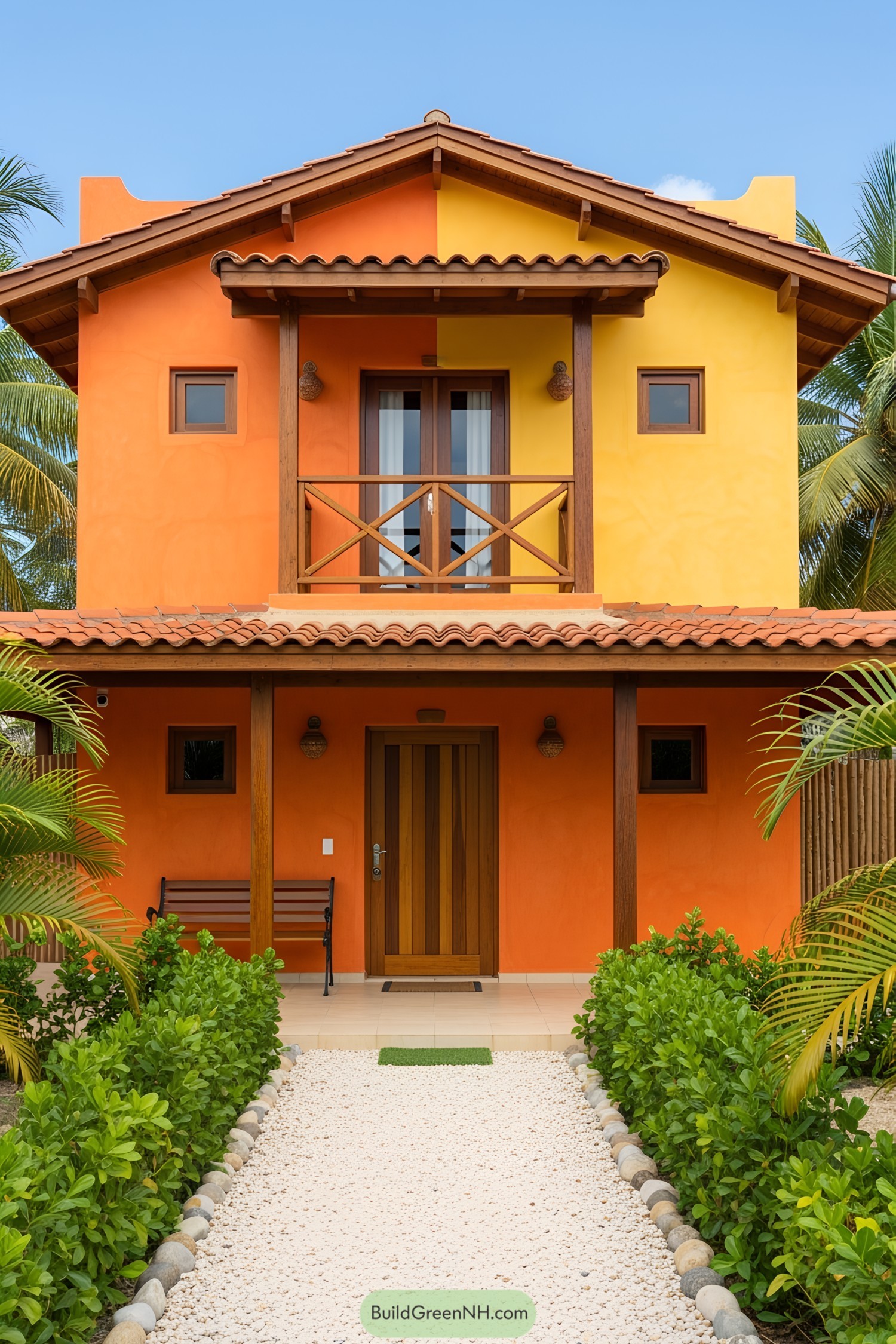 Vibrant orange and yellow Caribbean house with lush greenery