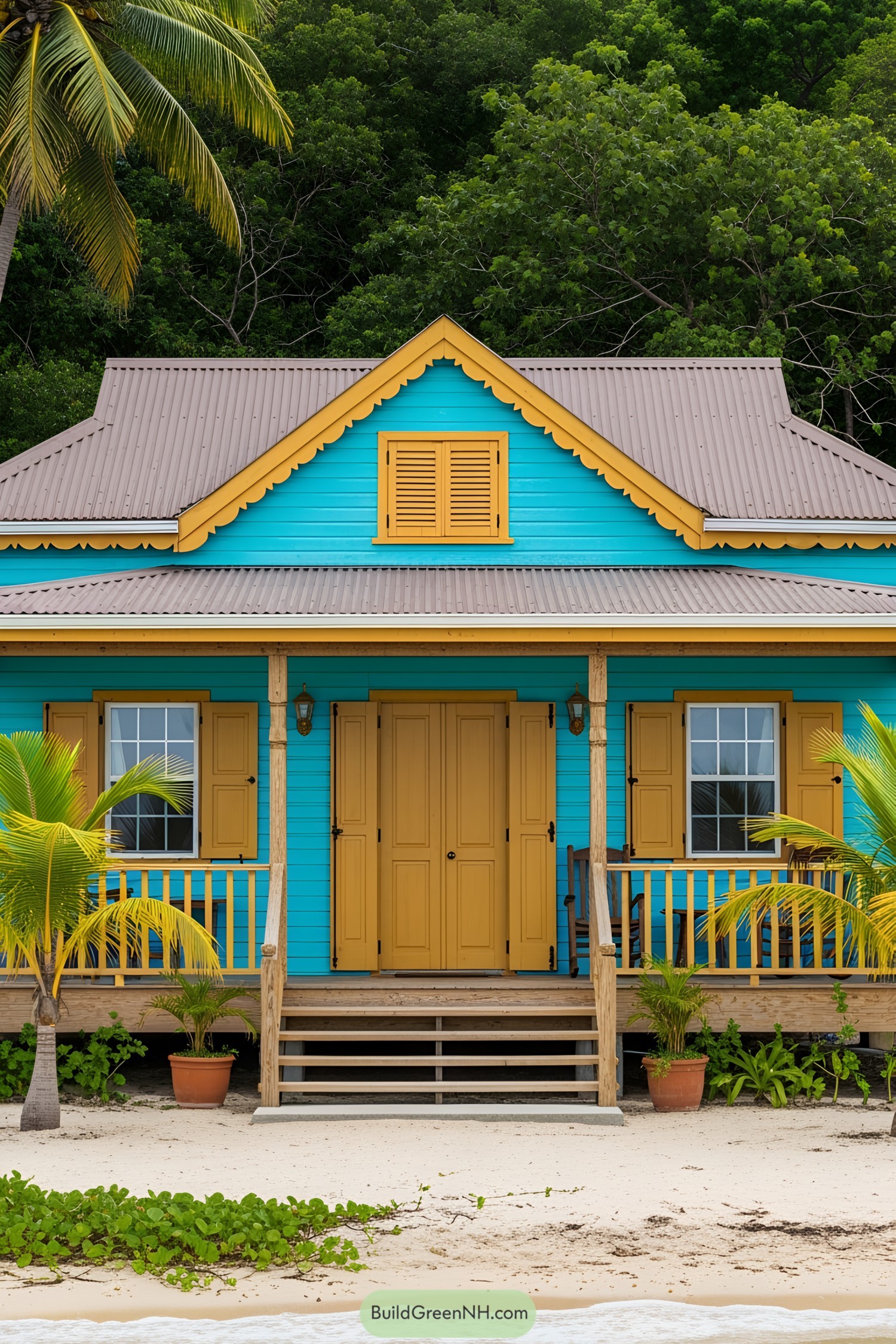 Colorful Caribbean house with yellow accents and palm trees