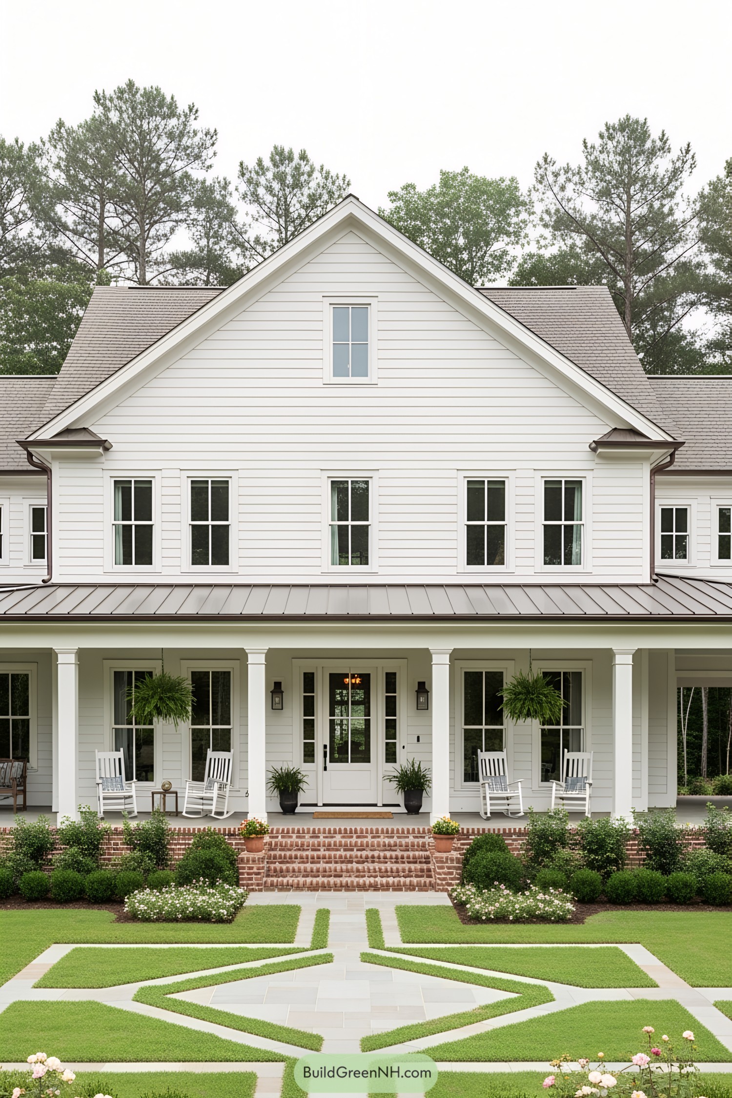 Classic white farmhouse with porch and rocking chairs