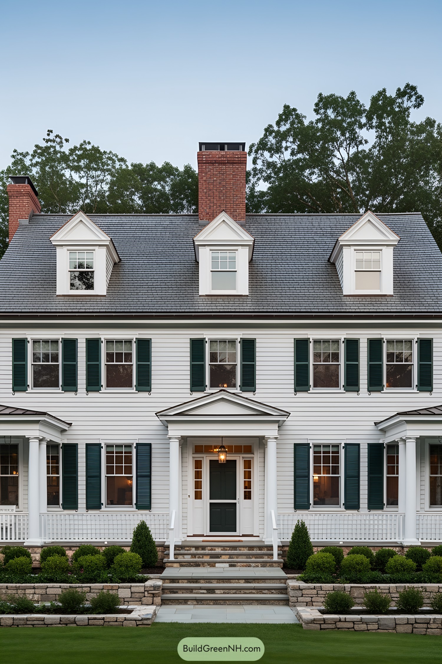 White farmhouse with navy shutters and brick chimneys