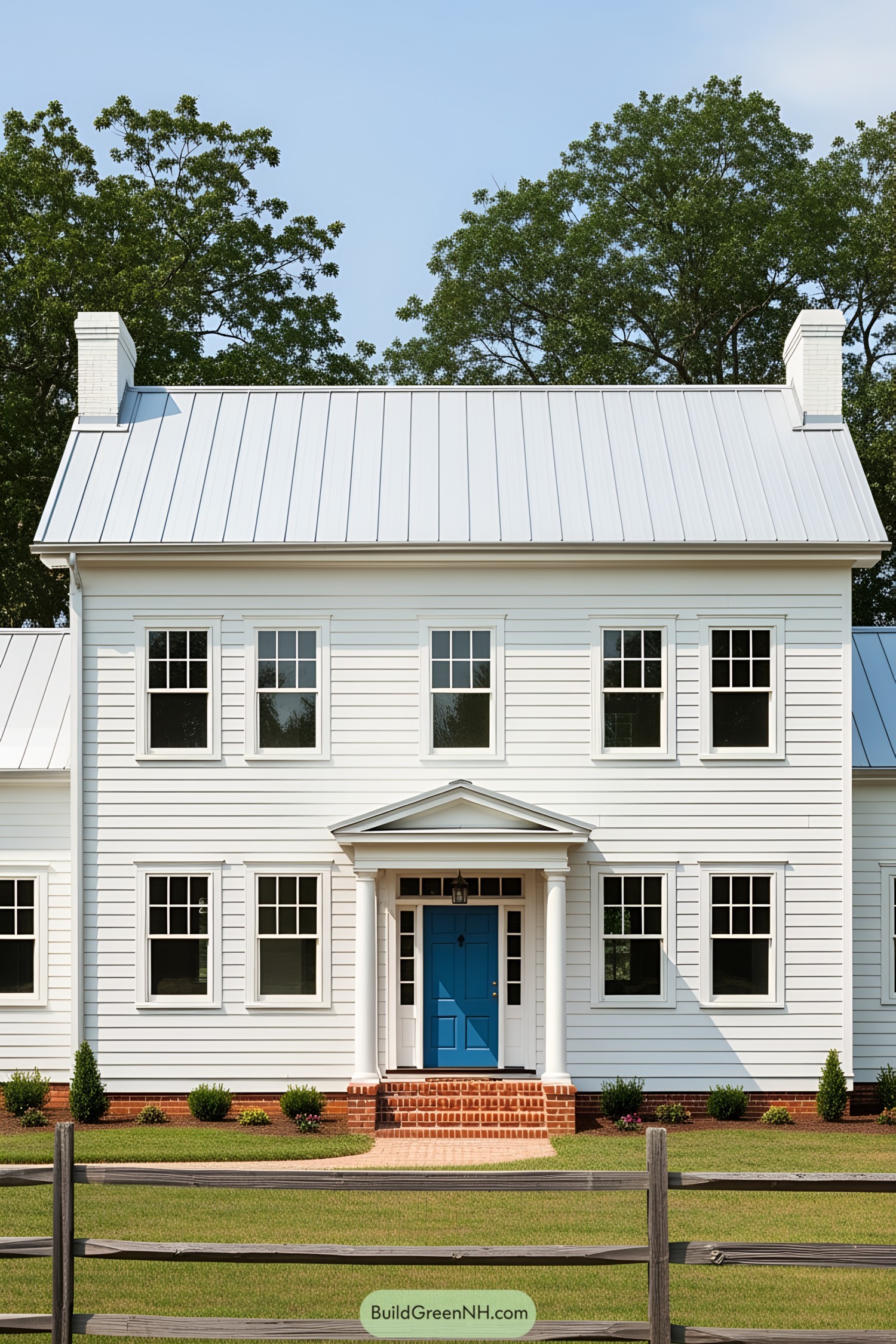 Charming white farmhouse with blue door and lush surroundings
