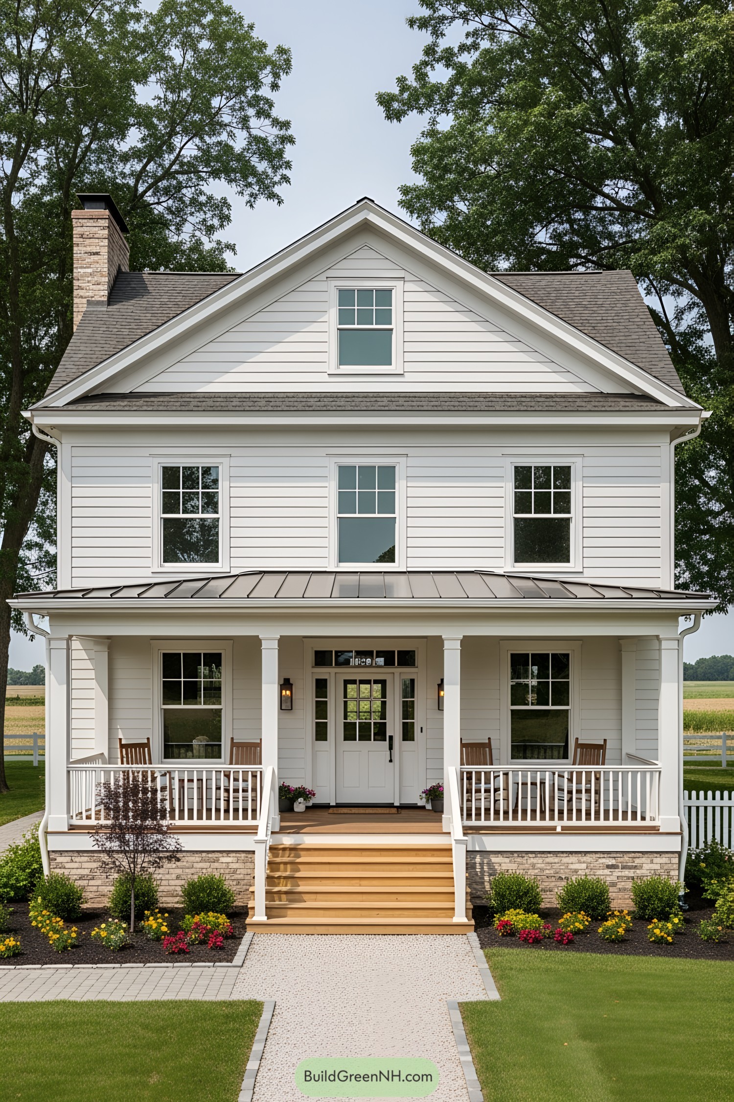 White farmhouse with a cozy porch and lush surroundings
