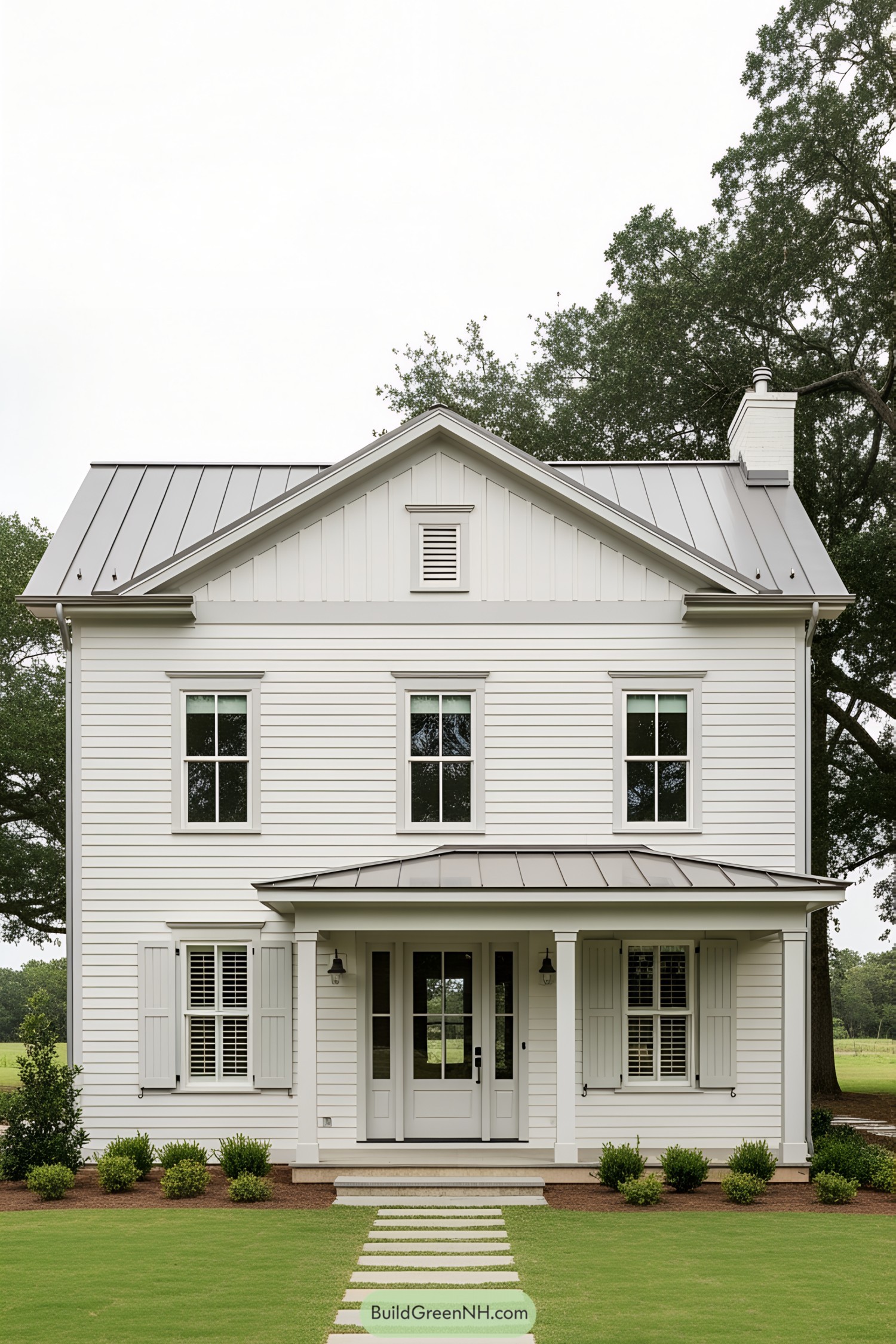 White farmhouse with a metal roof and shuttered windows