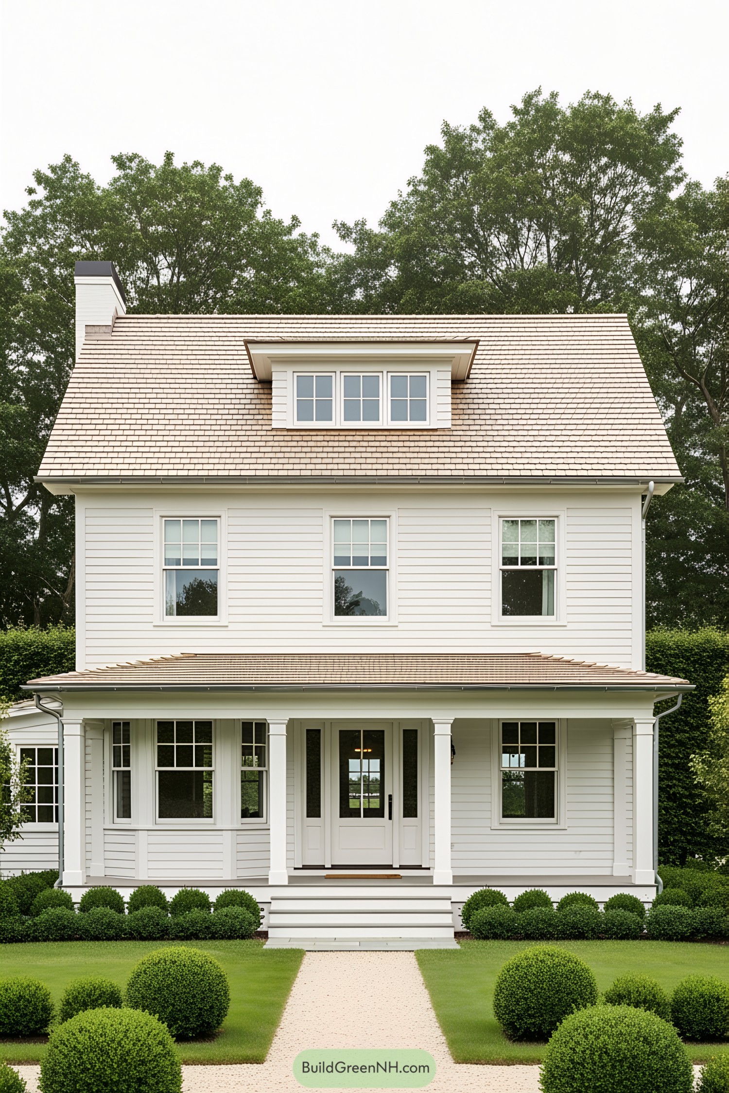 Classic white farmhouse with charming porch and manicured bushes