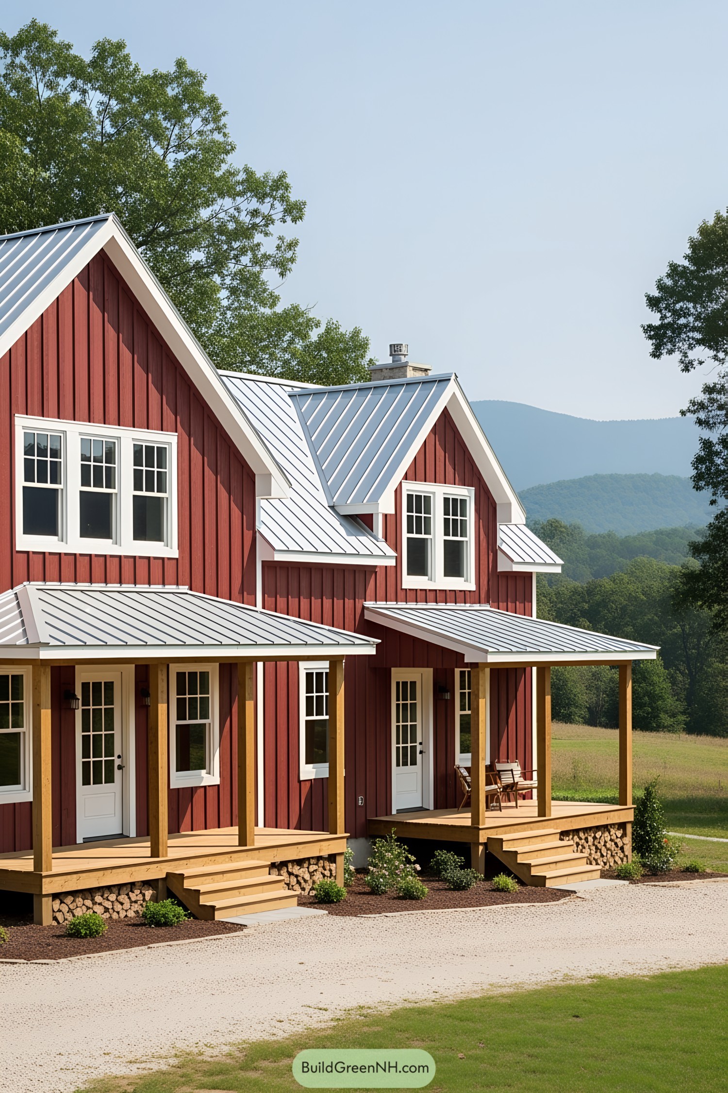 Charming red farmhouse with white accents and a metal roof set in scenic countryside