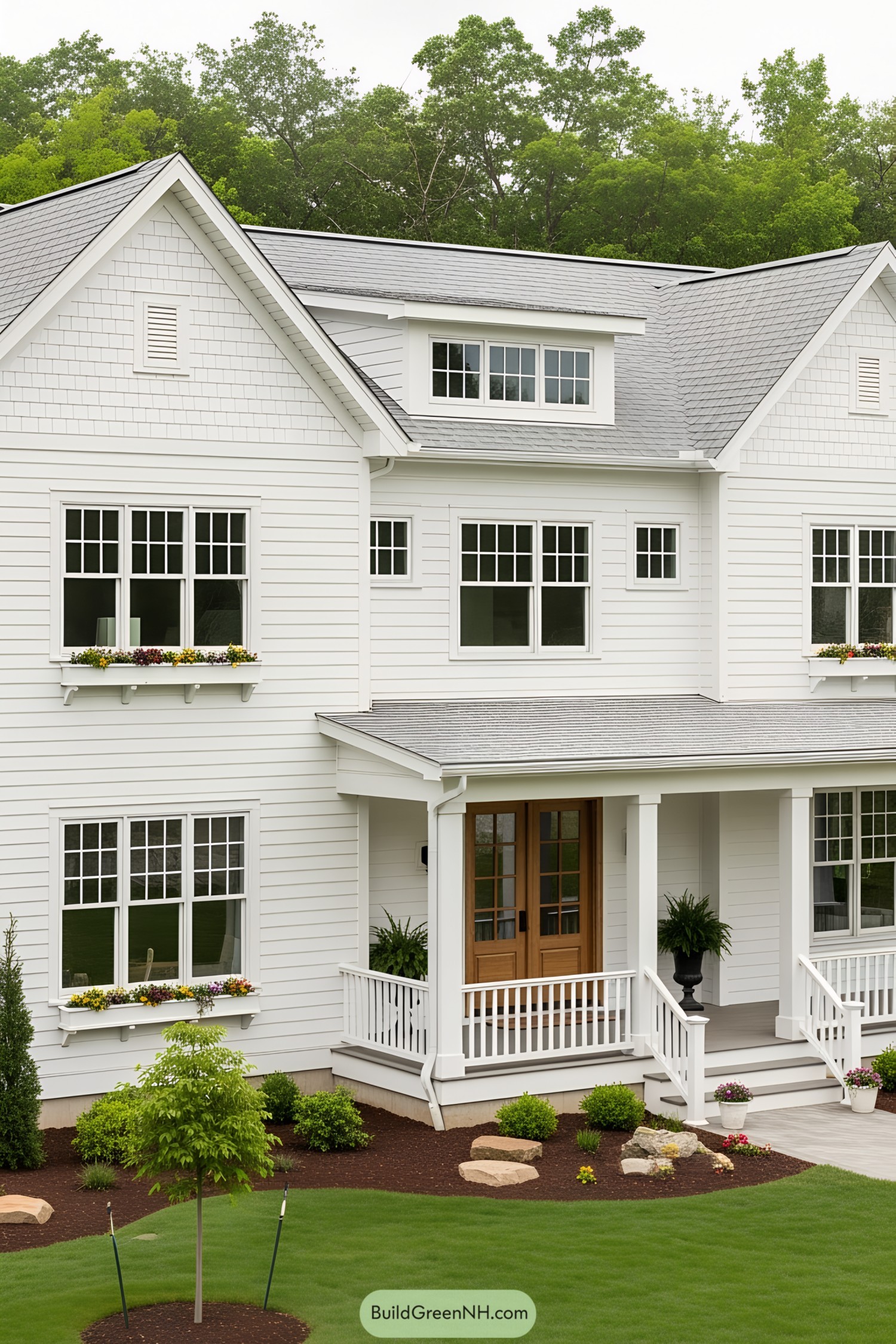 Charming white farmhouse with green lawn and welcoming porch