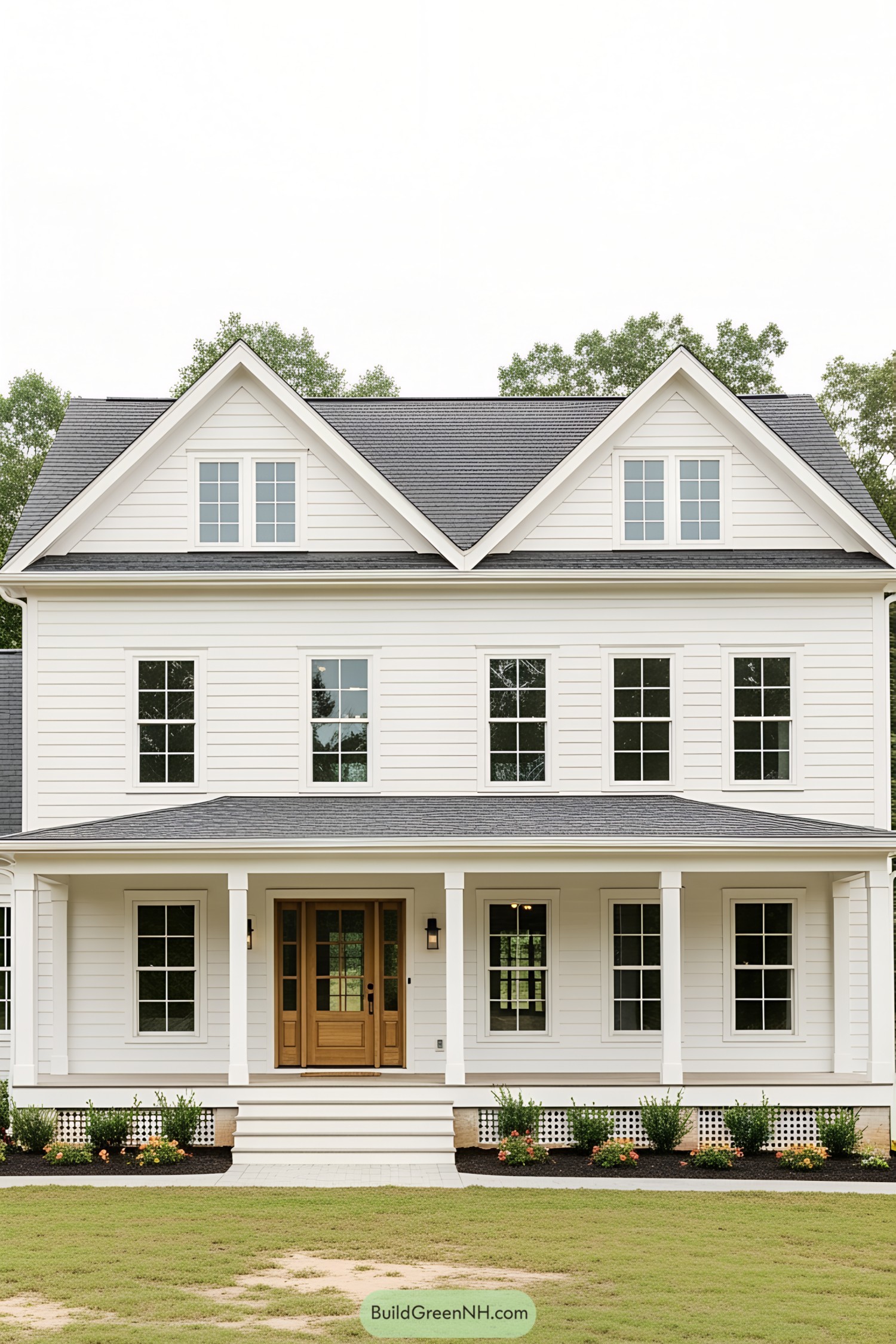 Classic white farmhouse with a porch and gabled roof