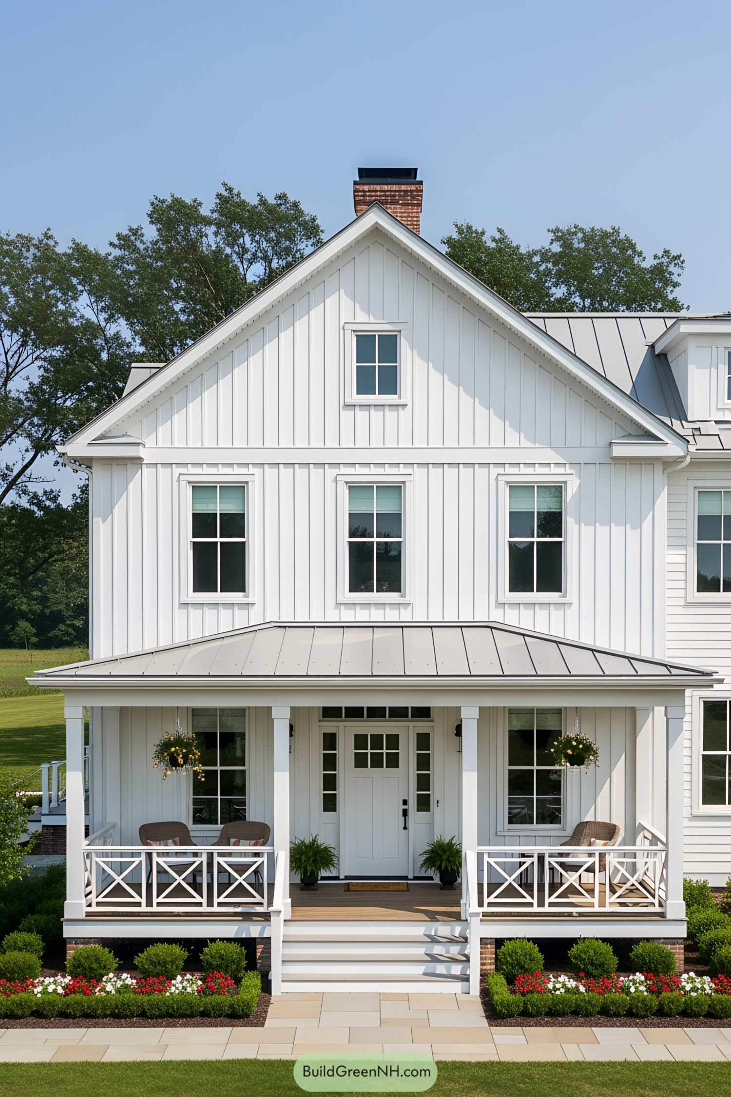 White farmhouse with classic porch and lush garden