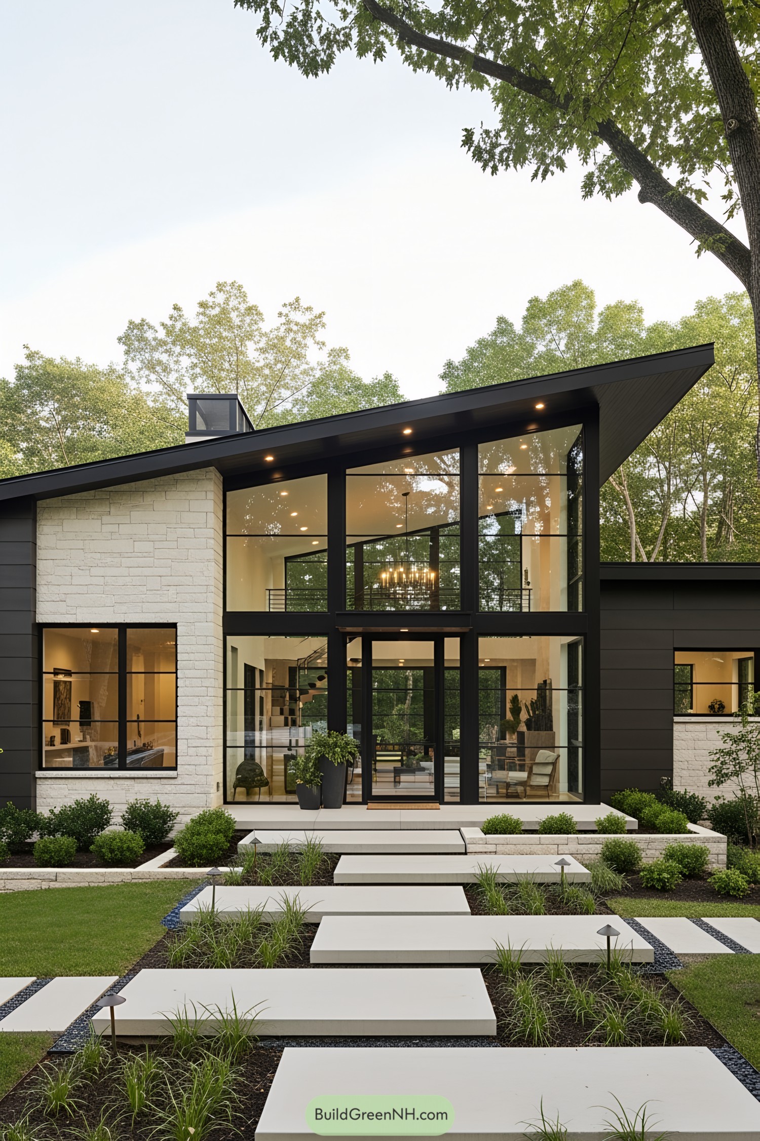 A modern ranch house with large glass panels and minimalist landscaping