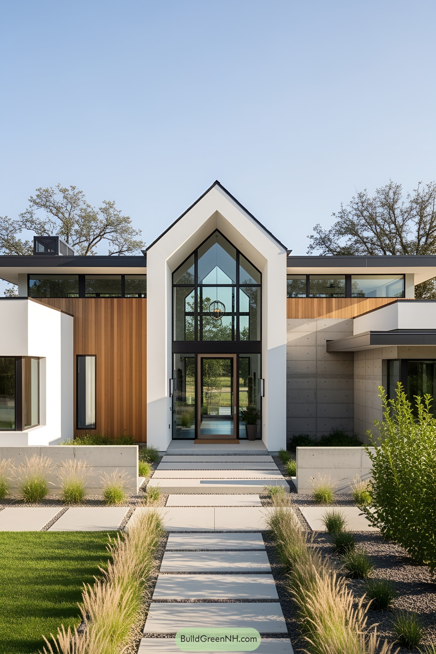 Modern ranch house with sleek design and glass elements