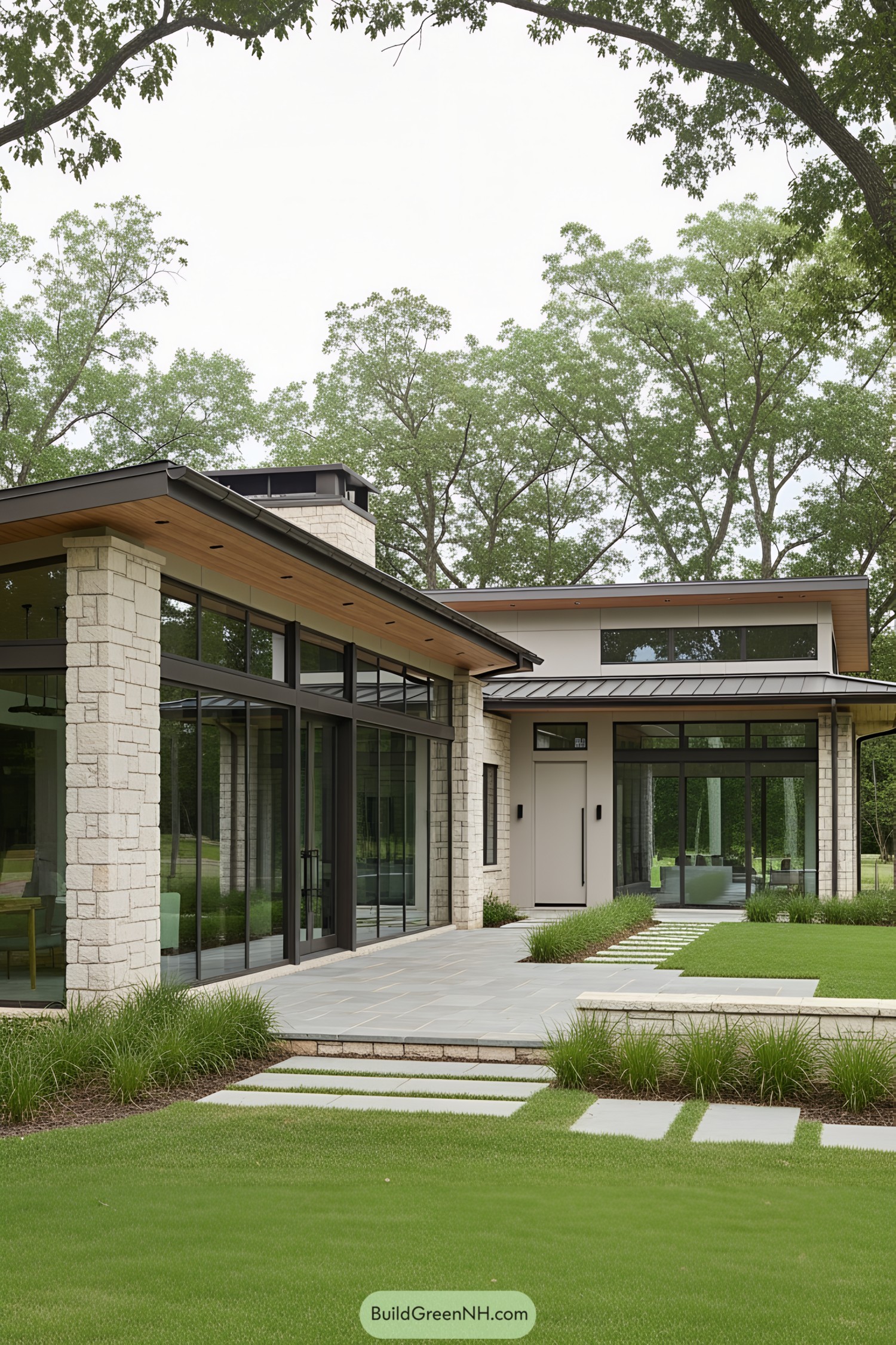 Modern ranch house with large glass windows and stone accents surrounded by lush greenery