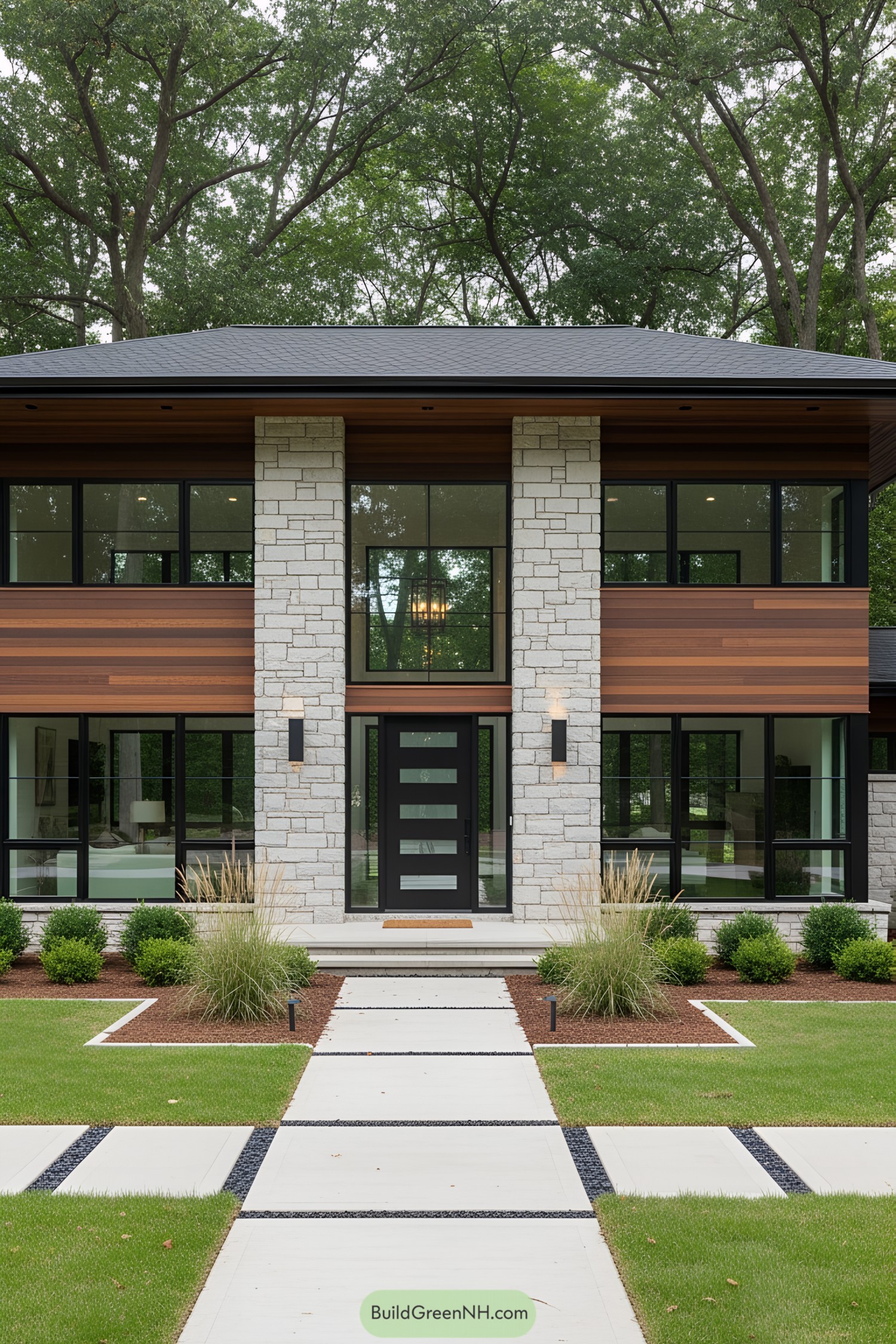 Modern ranch house with sleek design and stone facade