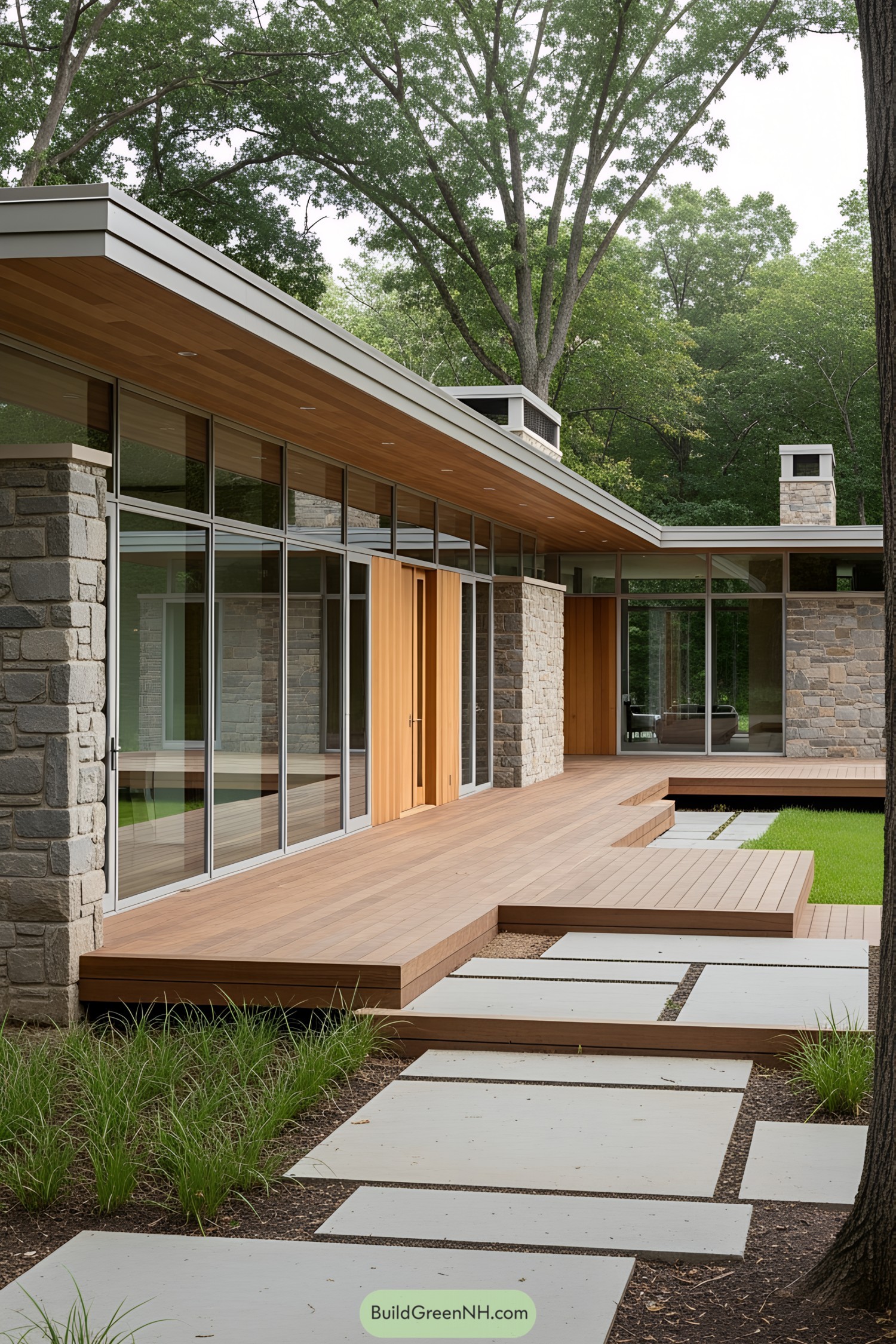 Modern ranch house with glass walls and lush surroundings