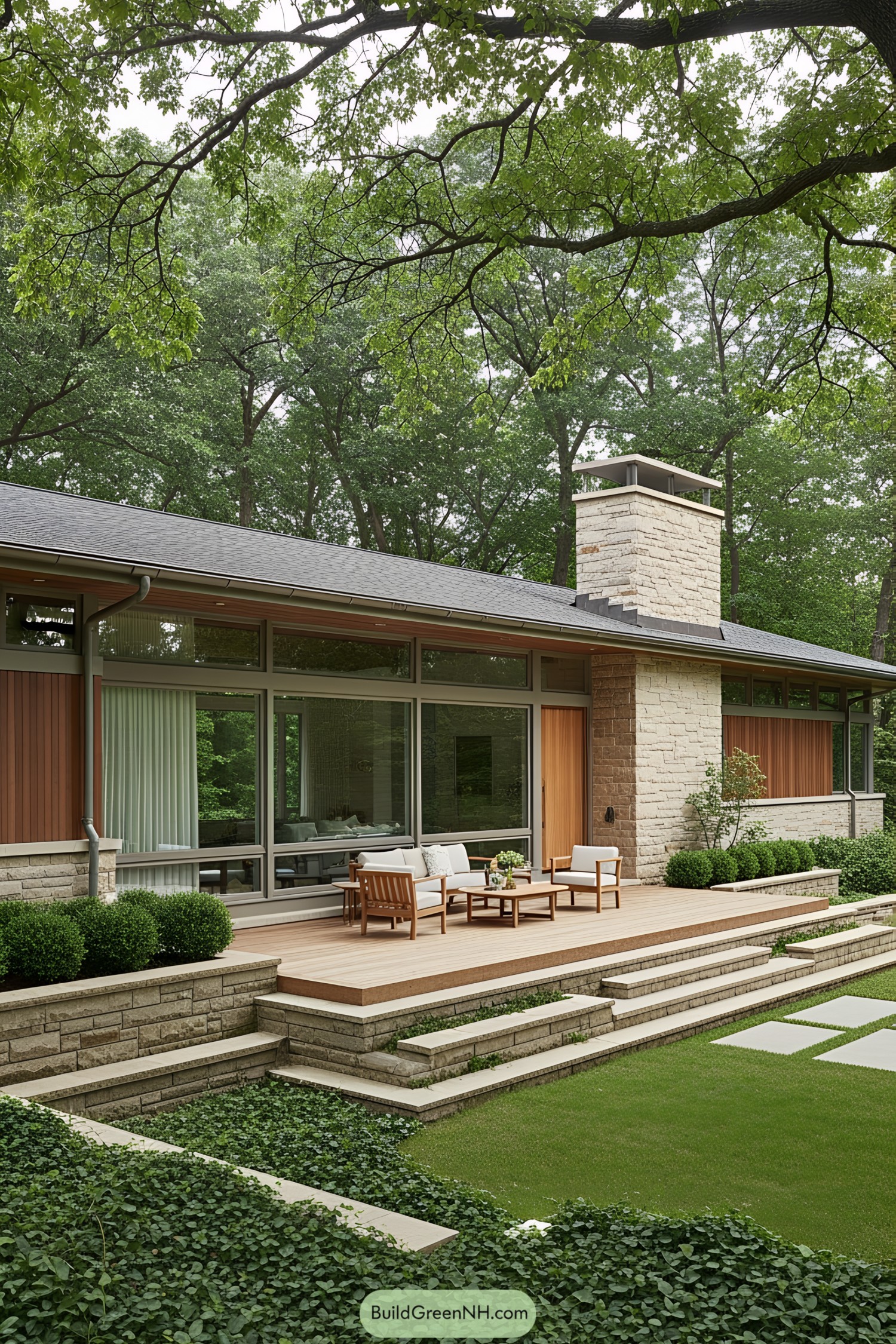 Contemporary ranch house with glass walls and a lush garden patio