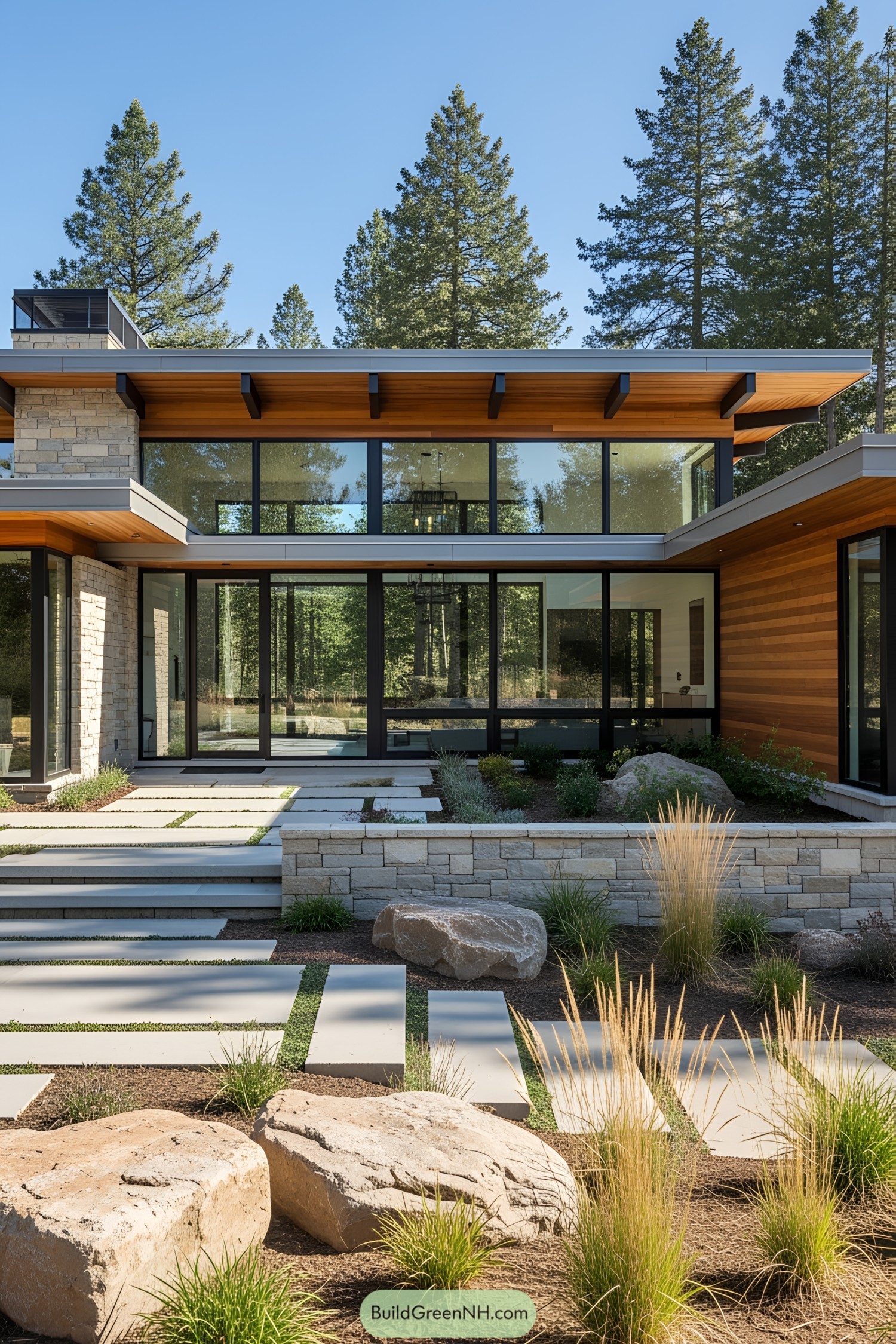Modern ranch house with large glass windows surrounded by trees