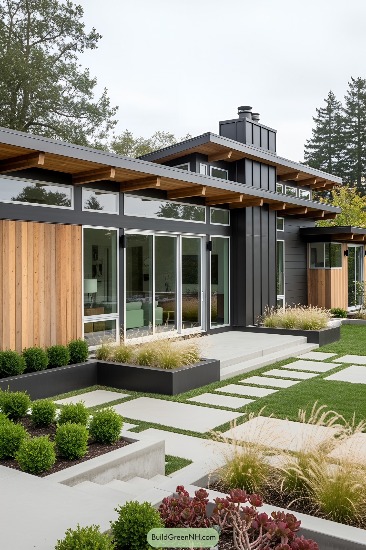 Modern ranch house with sleek lines and natural materials