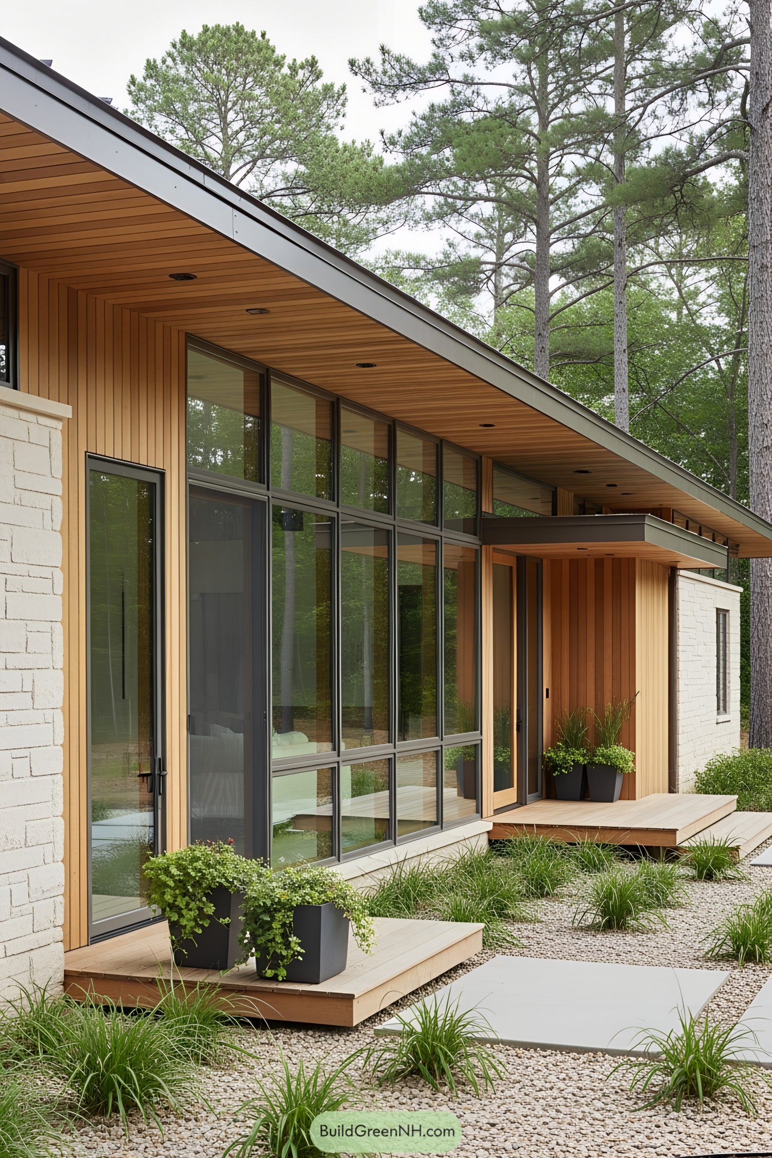 Modern ranch house with large windows and wooden facade