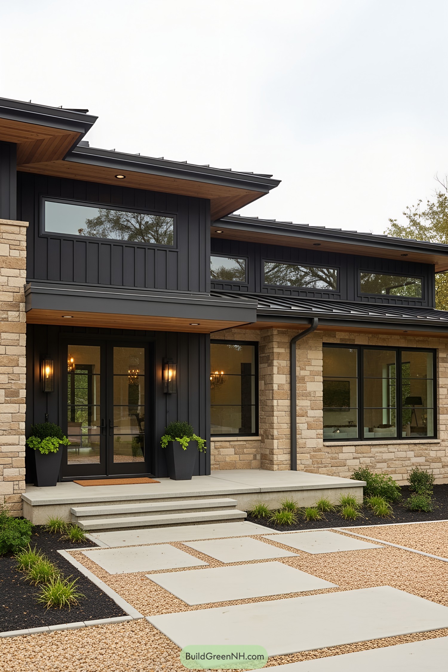 Contemporary ranch house with sleek dark siding and large windows