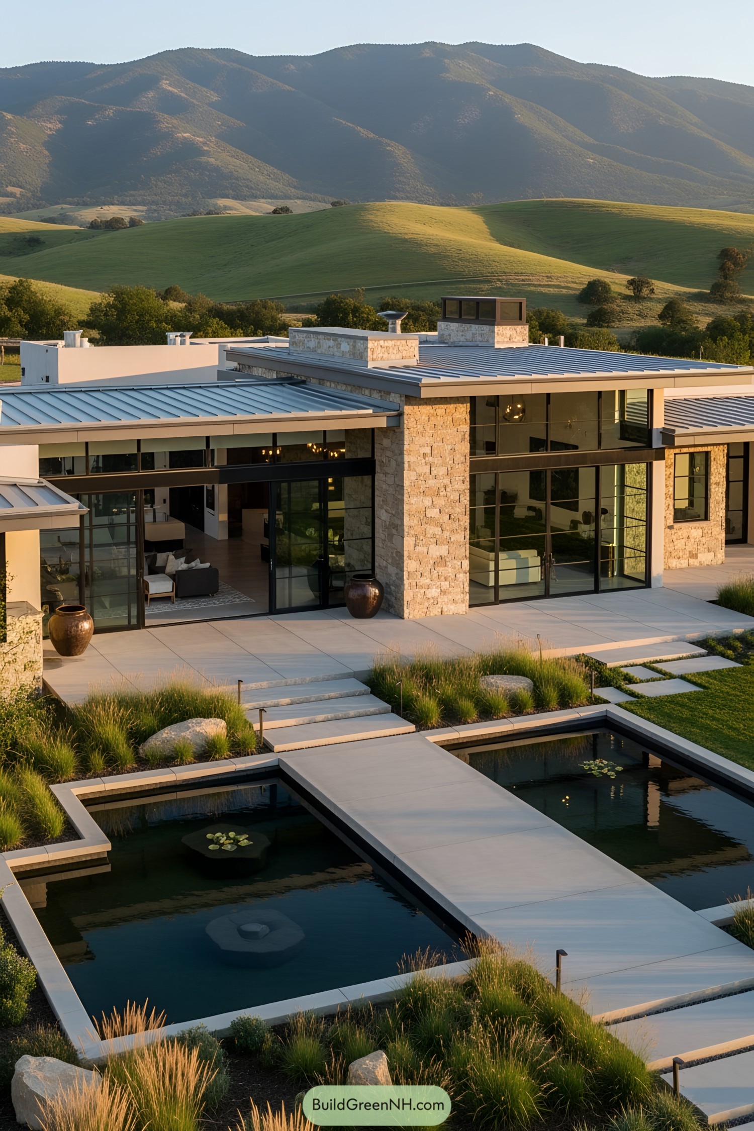 Contemporary ranch house with large windows and a scenic view
