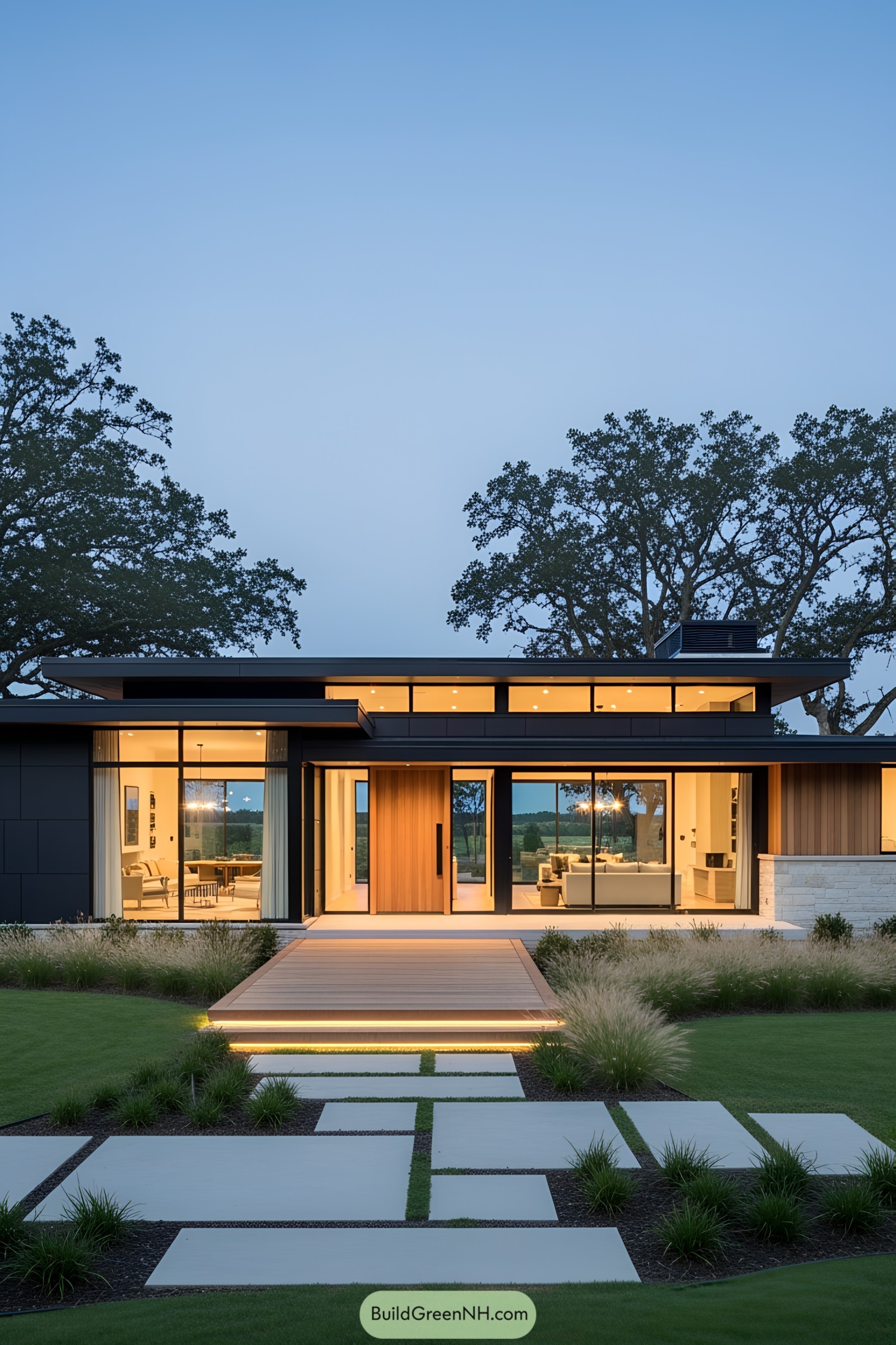 Contemporary ranch house with large windows and modern design