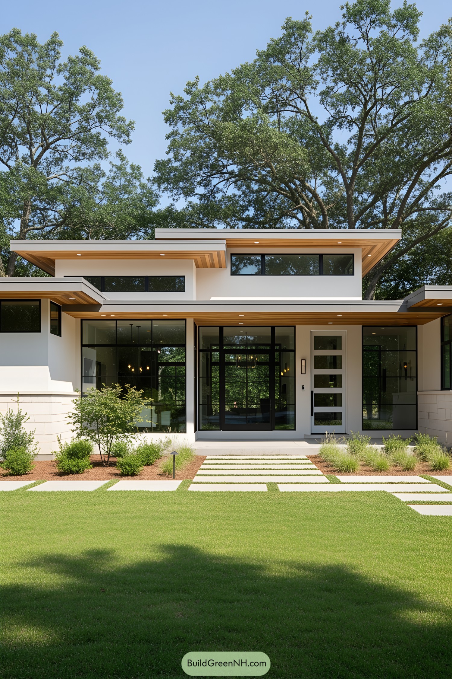 Modern ranch house with sleek lines and large windows