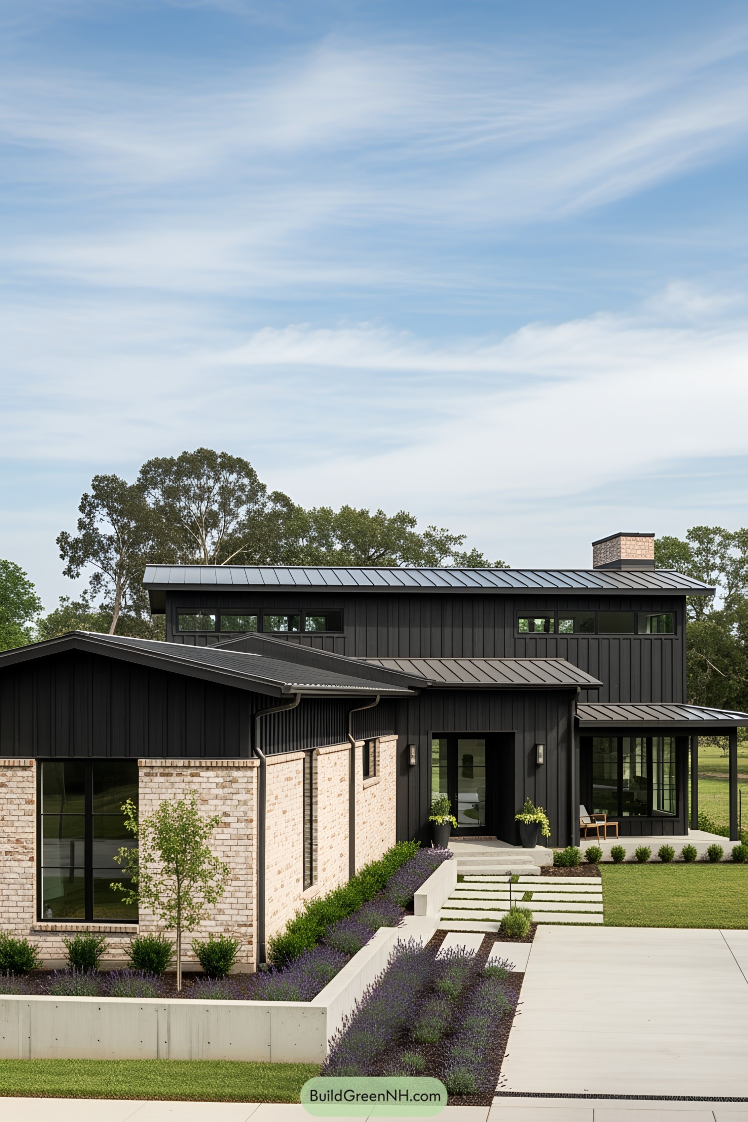 Sleek ranch house with a mix of black and brick exterior