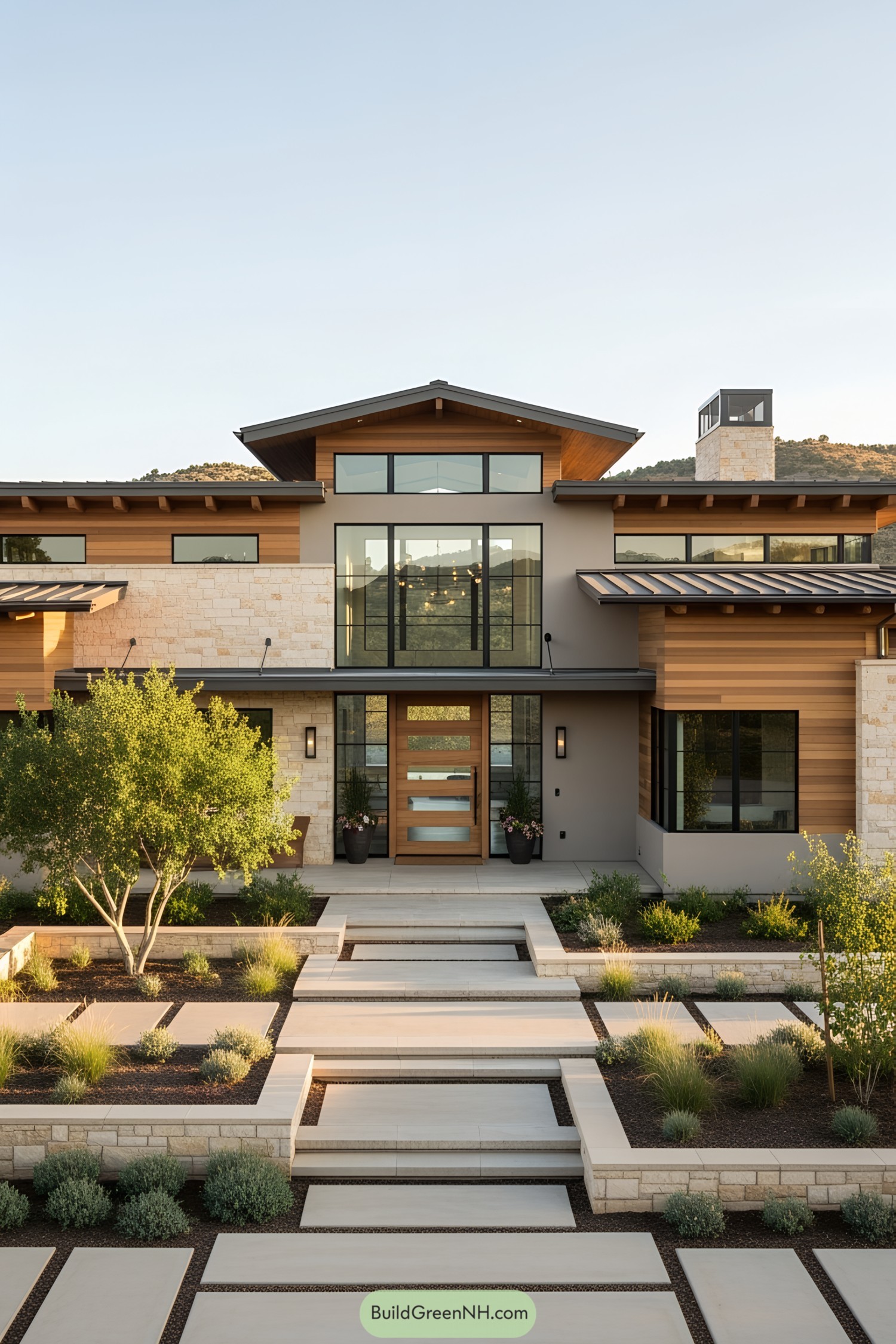 Modern ranch house with wood and glass accents, surrounded by lush greenery