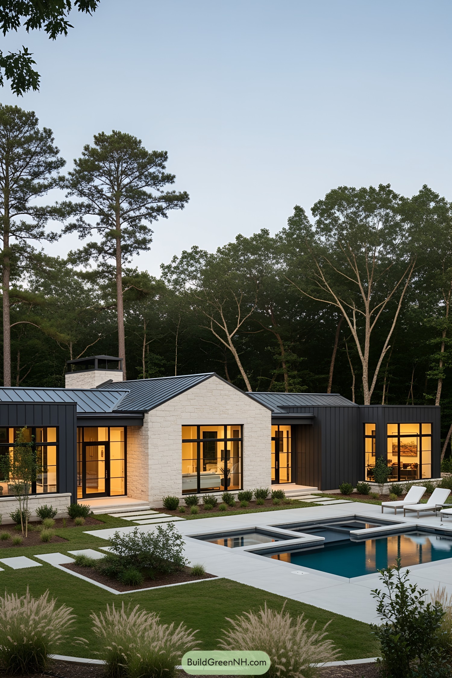 Sleek ranch house with a pool surrounded by trees