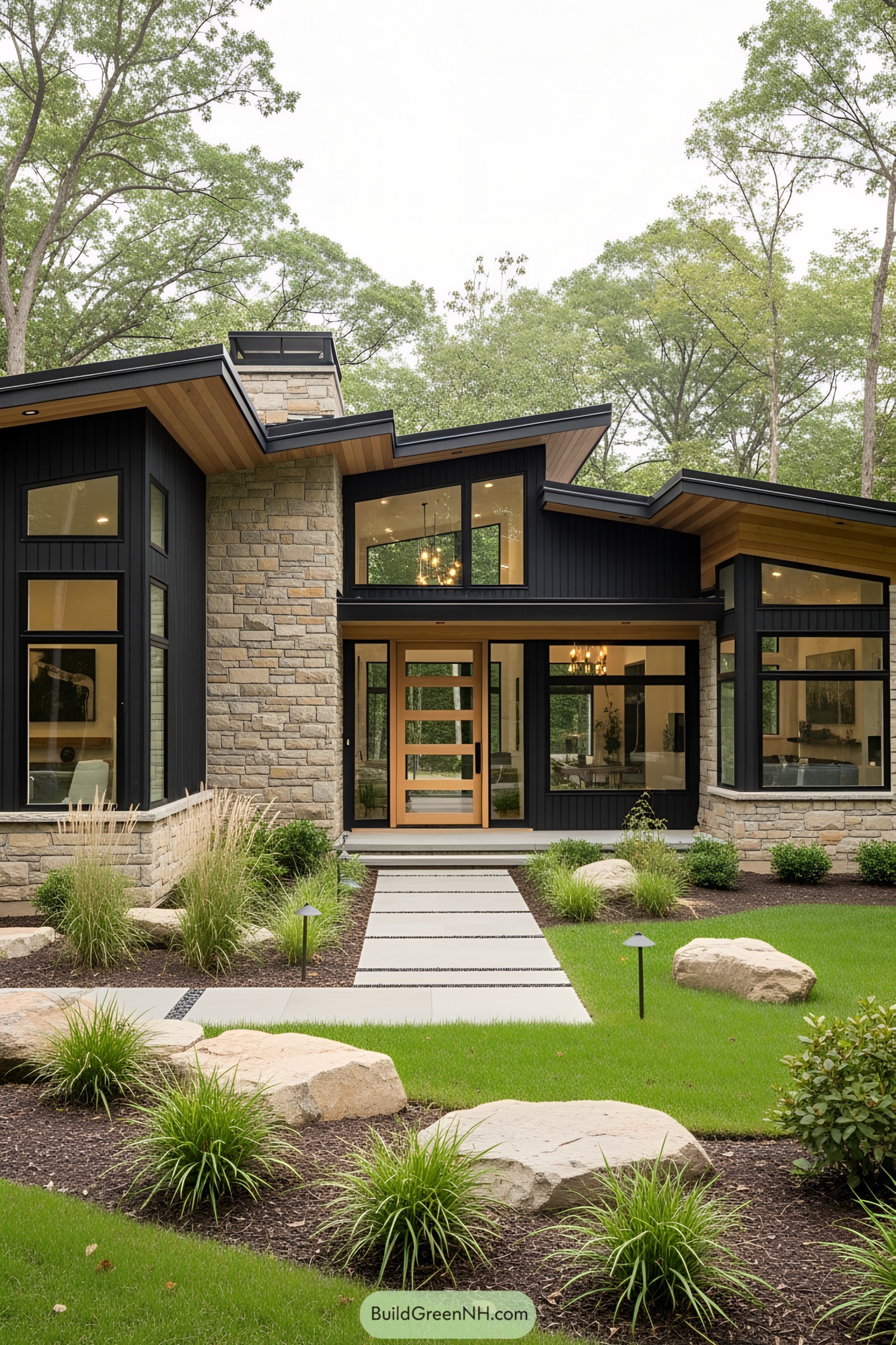Modern ranch house with stone and wood elements, surrounded by lush greenery