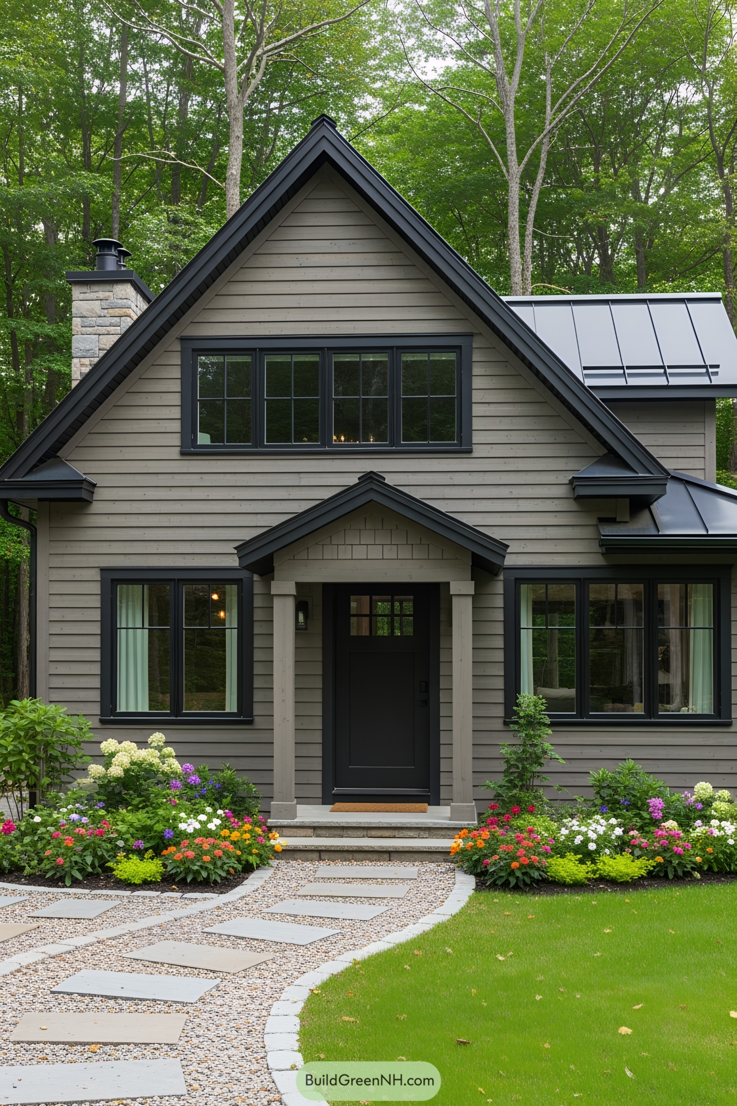 Cozy gray house with a triangular roof in a lush forest setting